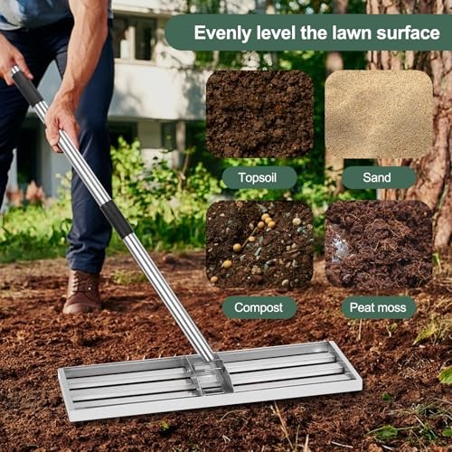 Lawn Leveling Rake,Stainless Steel Lawn Leveler with 76” Long Handle 17*10 inch