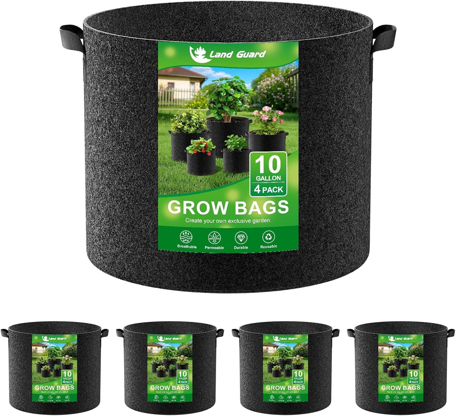 Land Guard 10 Gallon Fabric Grow Bags 4-Pack Nonwoven Garden Pots with Handles
