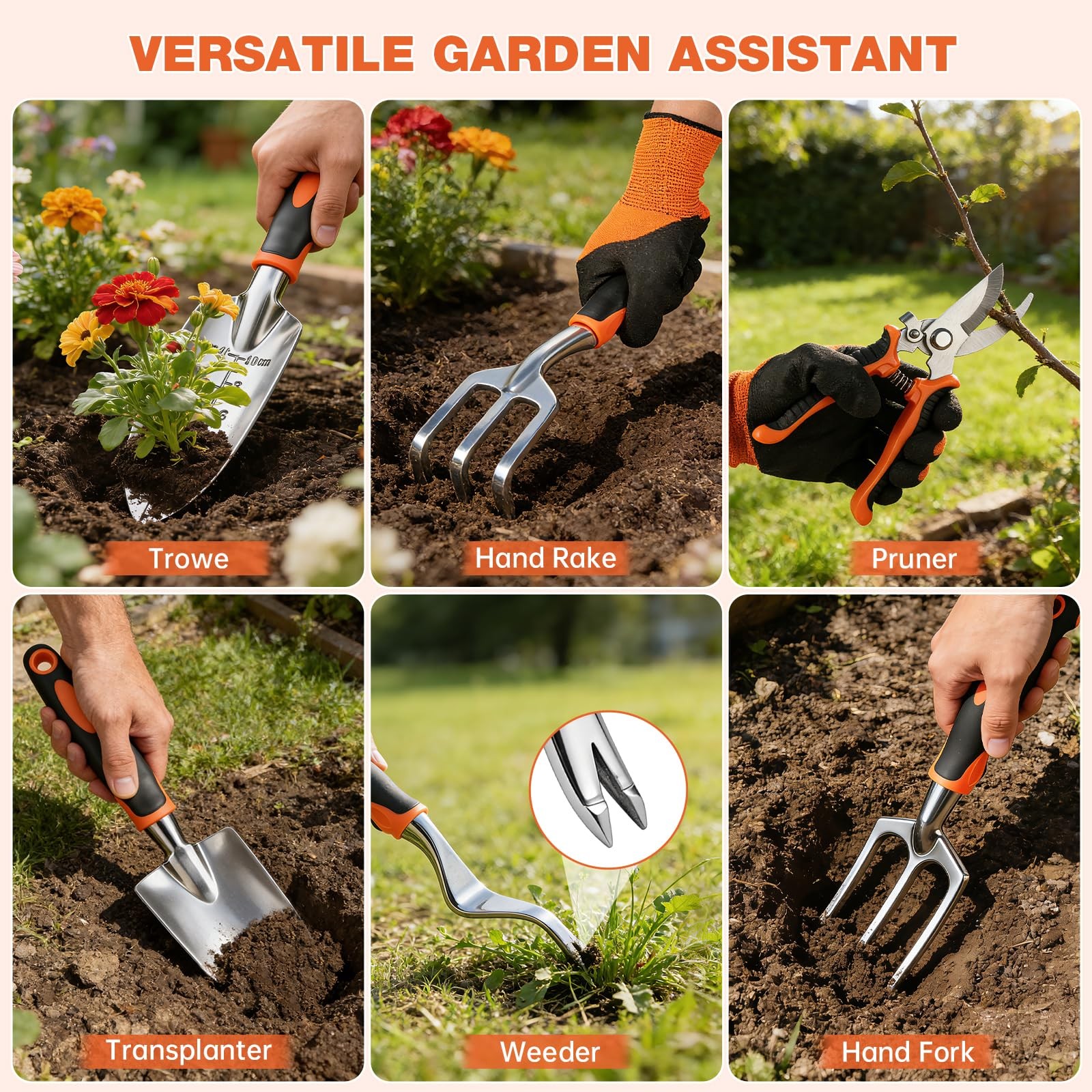 9 Piece Garden Tools Set Heavy Duty Stainless Steel Kit with Non Slip Ergonomic