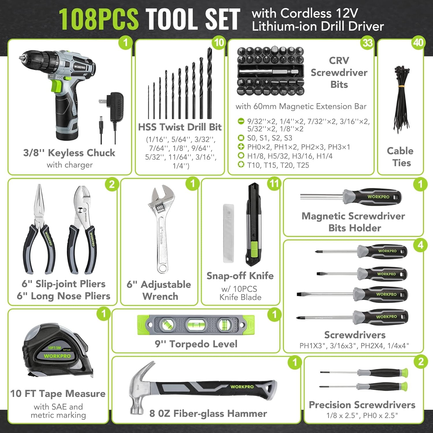 108Pcs 12V Cordless Drill Tool Kit Variable Speed Storage Box