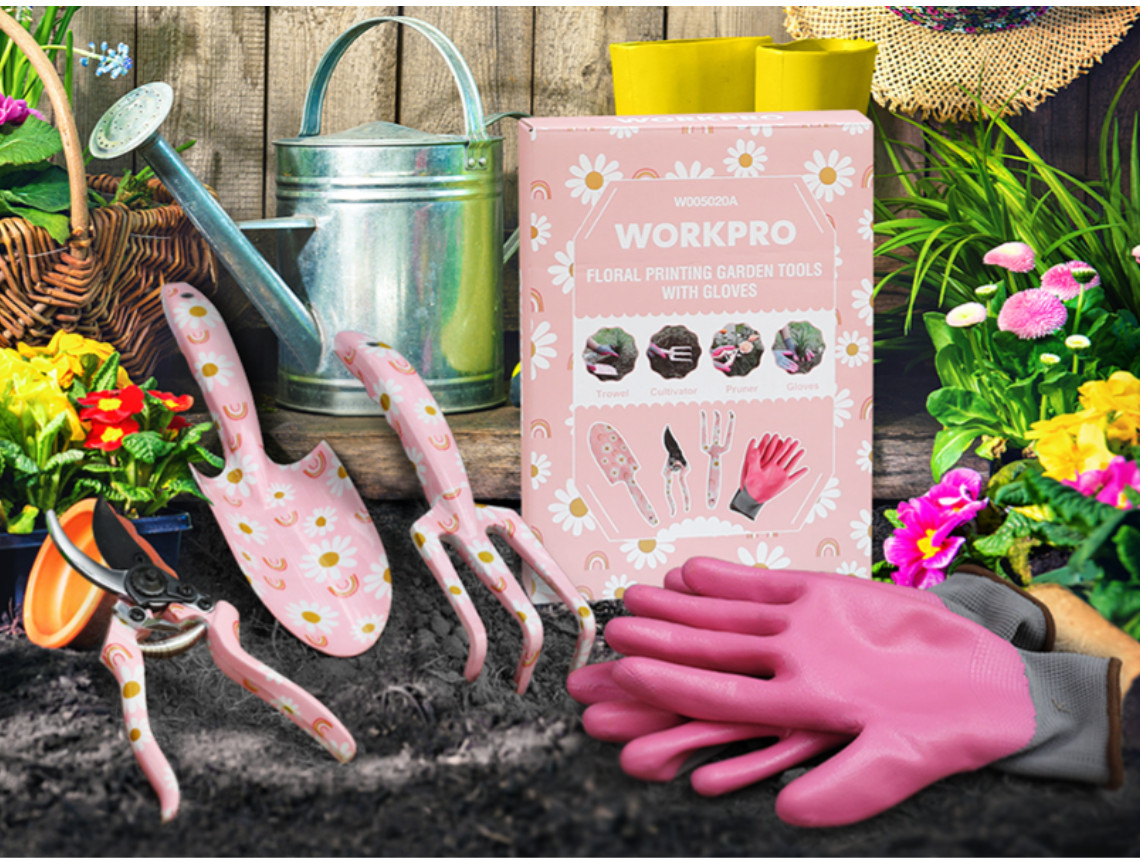 Aluminum Garden Tool Set, 4-PCS, Hand Garden Tools, Trowel, Rake, Pruner, Gloves