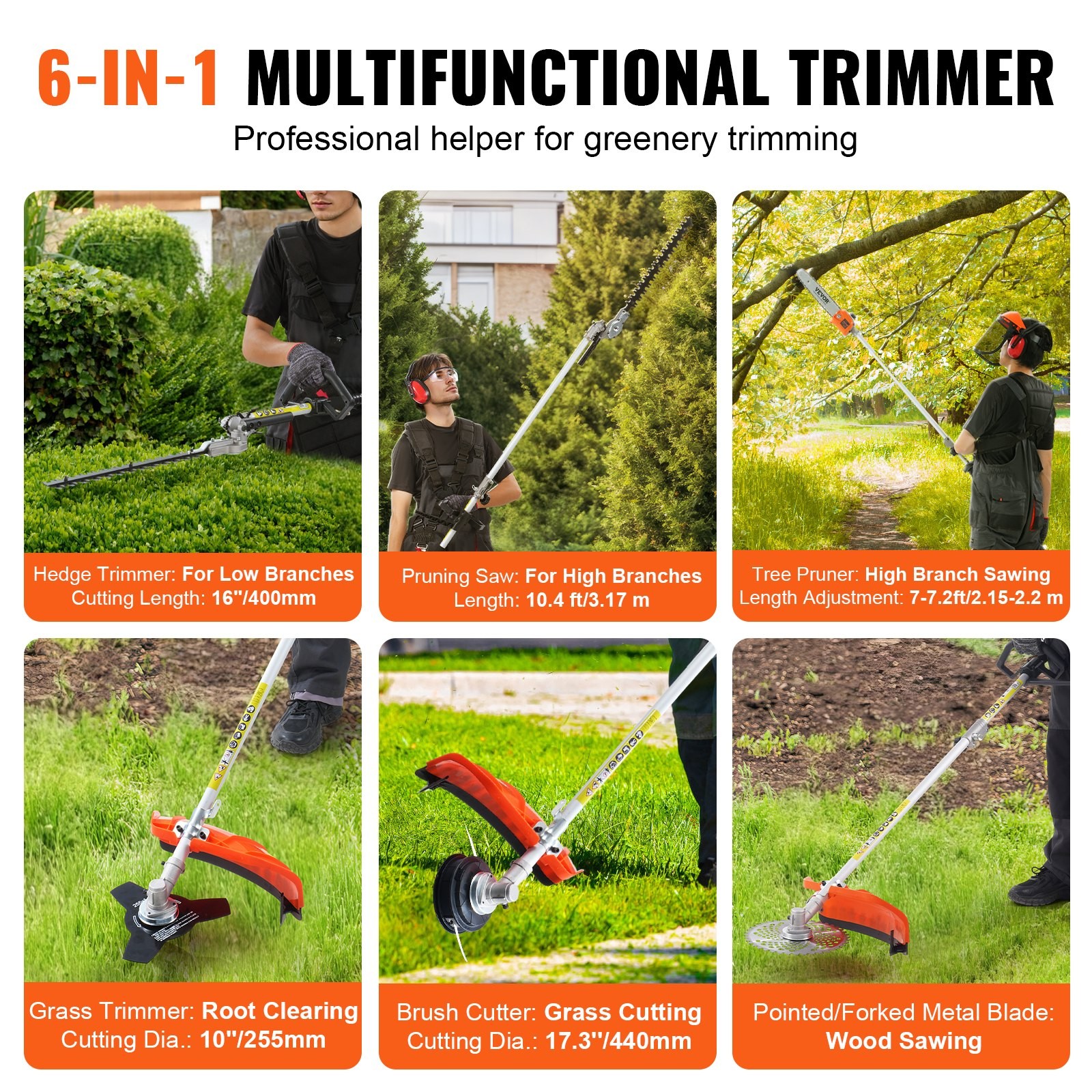33CC 6-in-1 Multi-Functional Trimming Tools, Gas Hedge Trimmer, Weed Eater, Stri