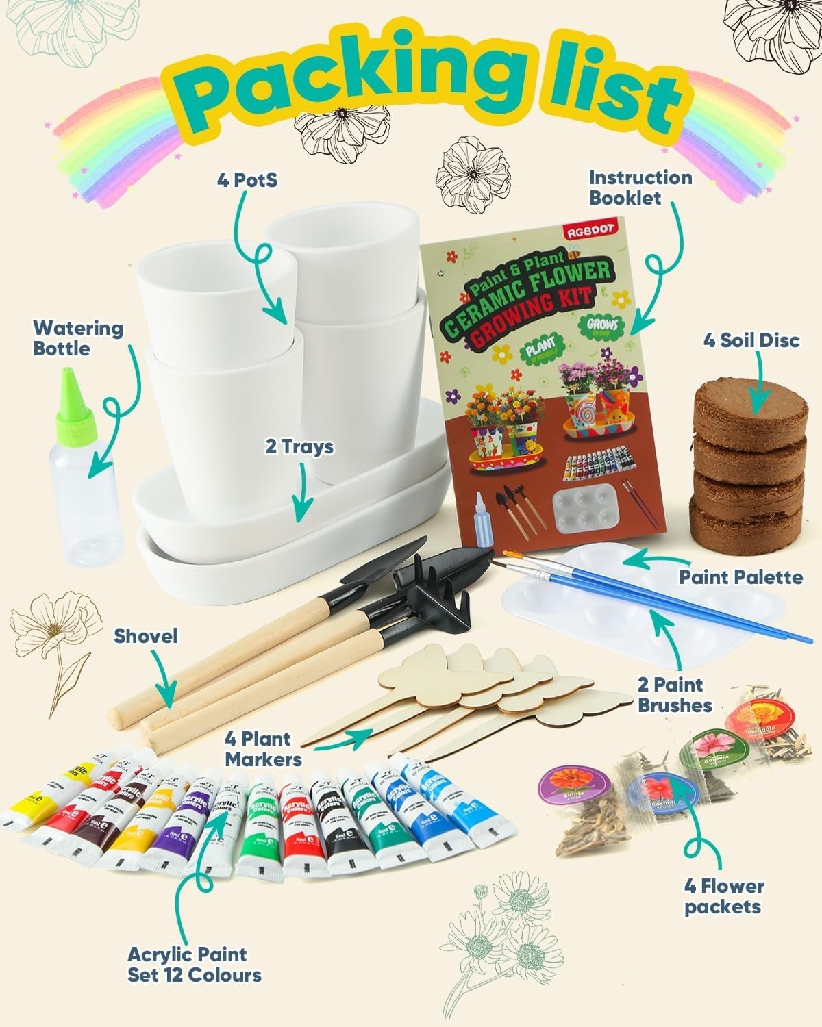 Kids Gardening Set Paint and Plant Stoneware Flower Gardening Kit with 4 Pots…
