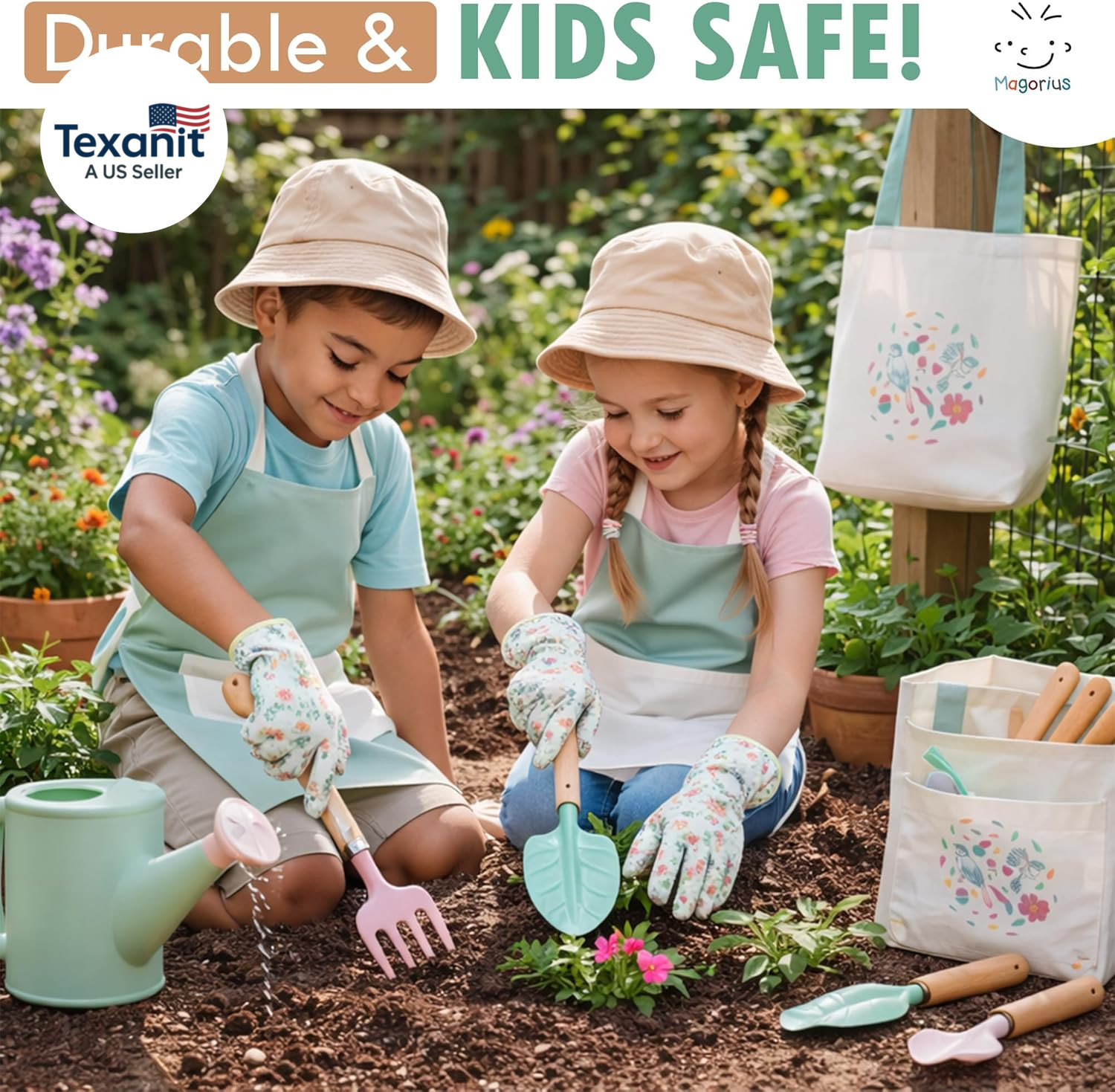 Kids Gardening Tools Set – 9 Piece Real Metal Tools with Sturdy Wood Handles, In