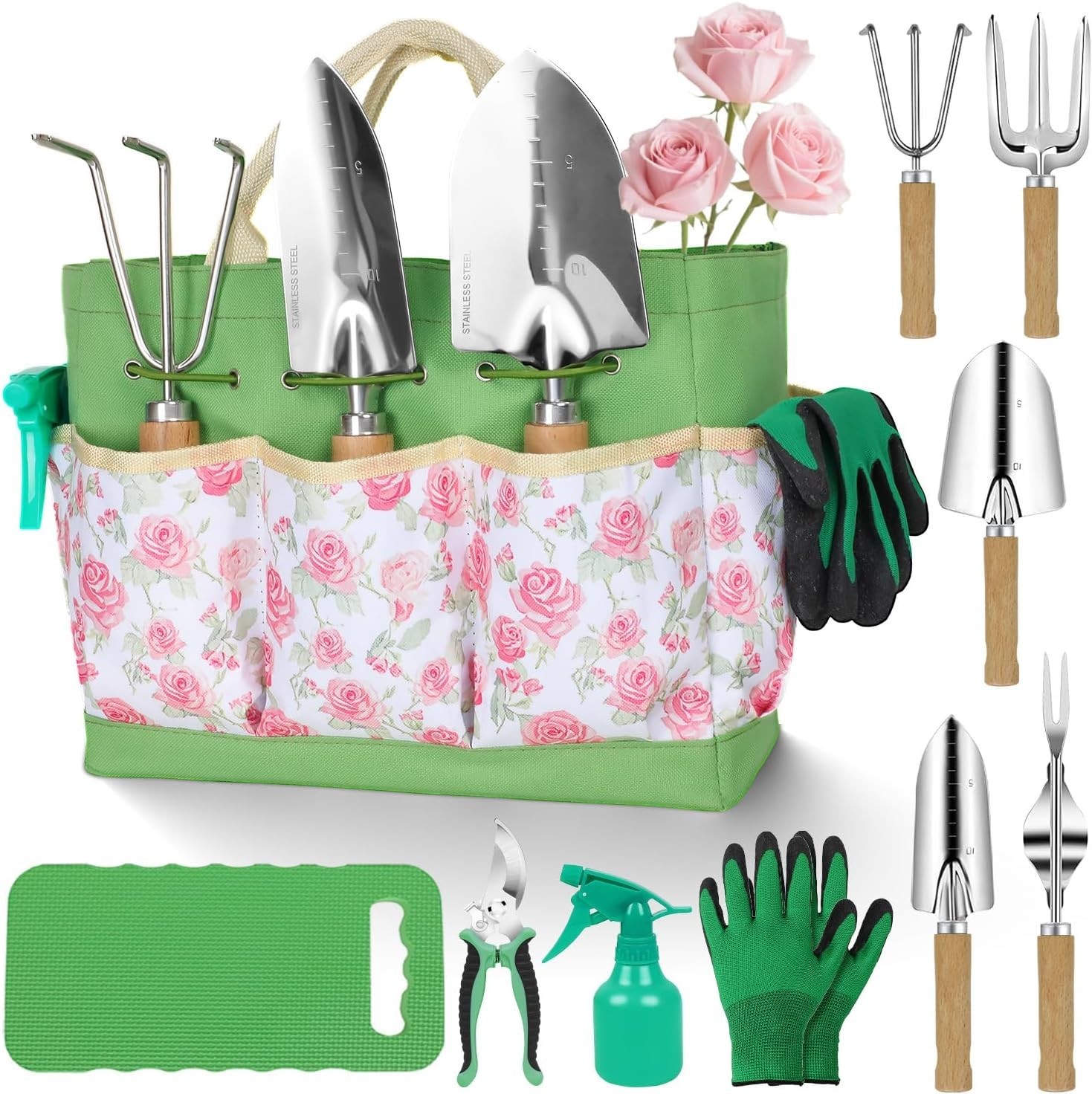 Pink Floral Garden Tool Set 10 Piece Stainless Steel Hand Tools with Tote