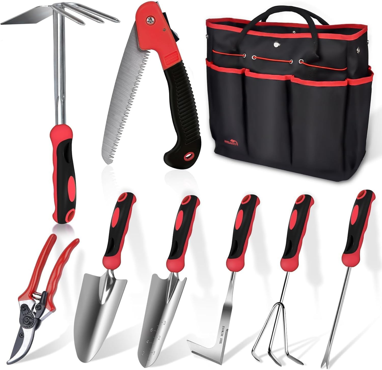 9Pcs Red Stainless Garden Tool Set Tote Bag Gift For Mom Women