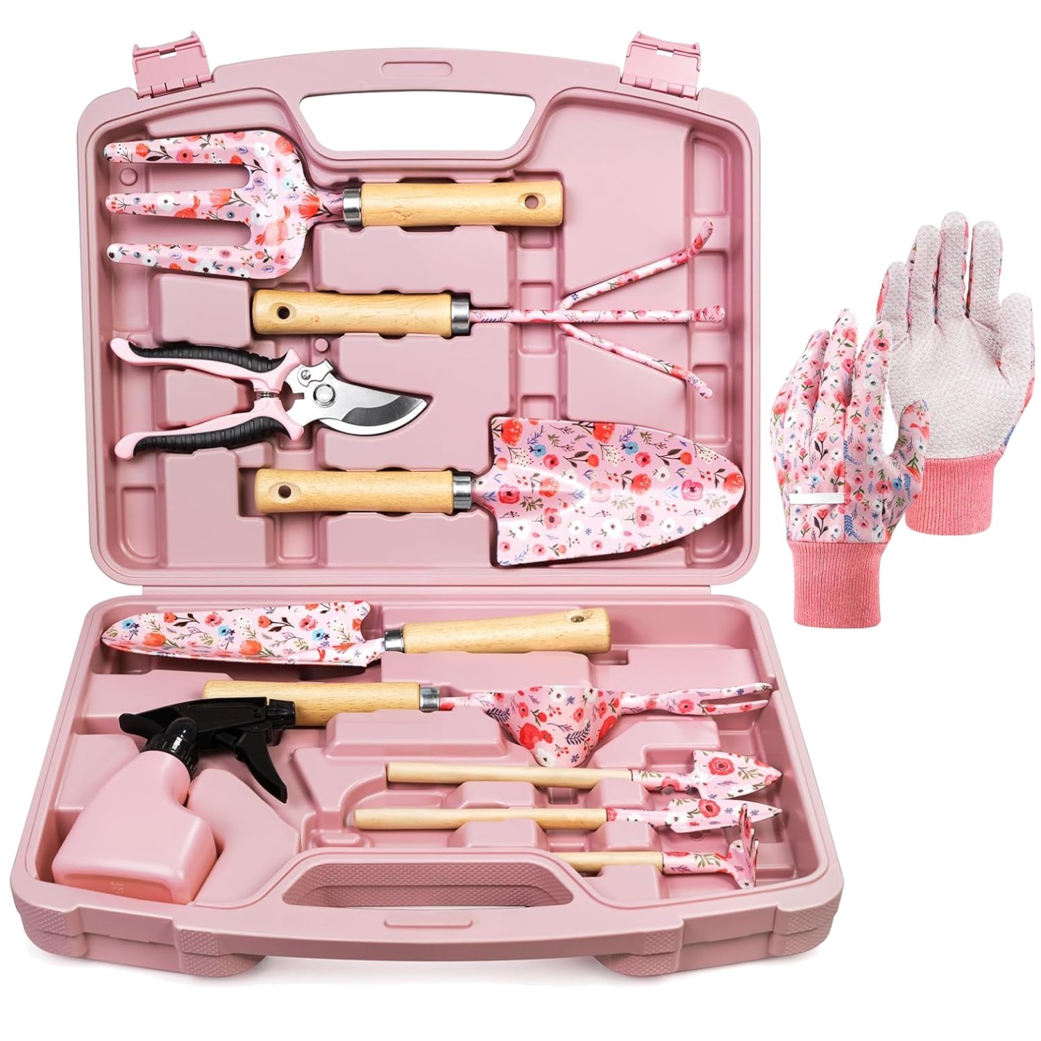 Elegant 12-Piece Gardening Tools Set, Rust-Proof & Ergonomic, Pink Floral Design