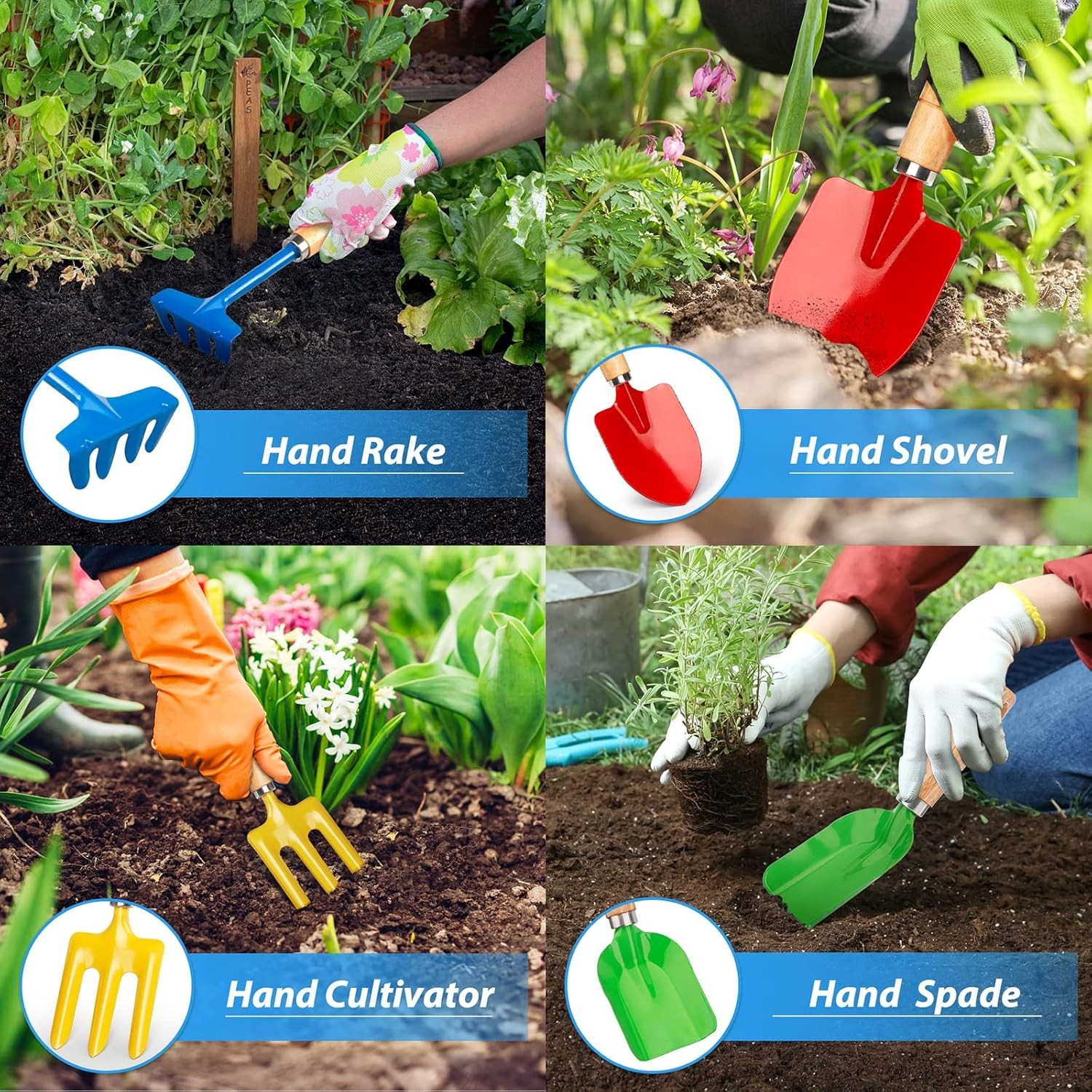 Kids Metal Garden Tool Set Sand Toy, Rake, Spade, Hoe and Leaf Rake, Beach