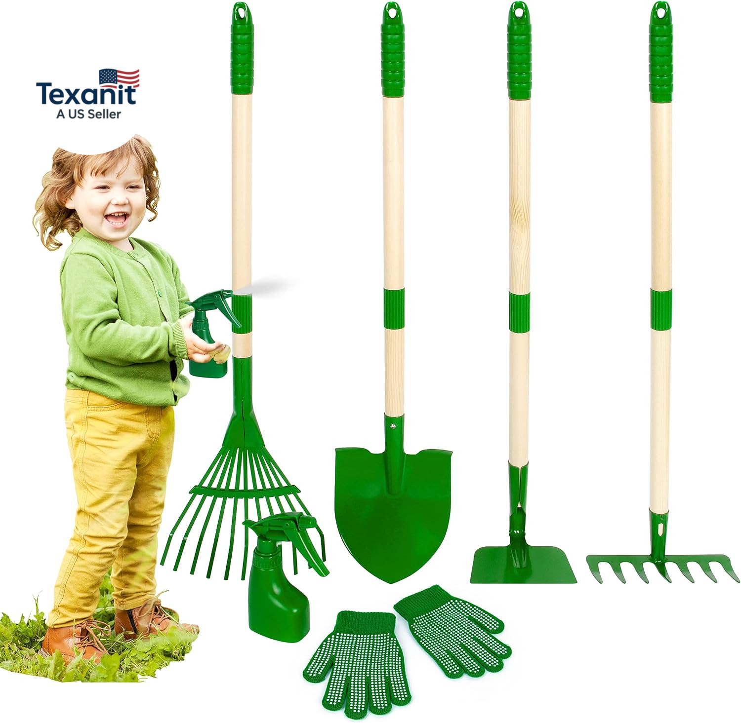 Kids Gardening Tools Set – 7Pcs Garden Tool for Kids with Shovel, Rake, Hoe, Lea