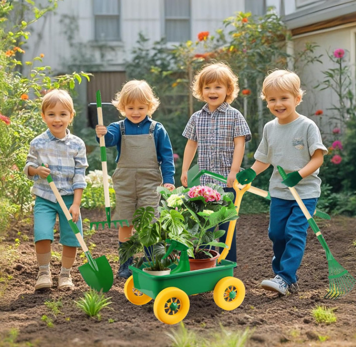 Juego Jardinería Infantil 7 Piezas con Carretilla Pala y Rastrillo Exterior