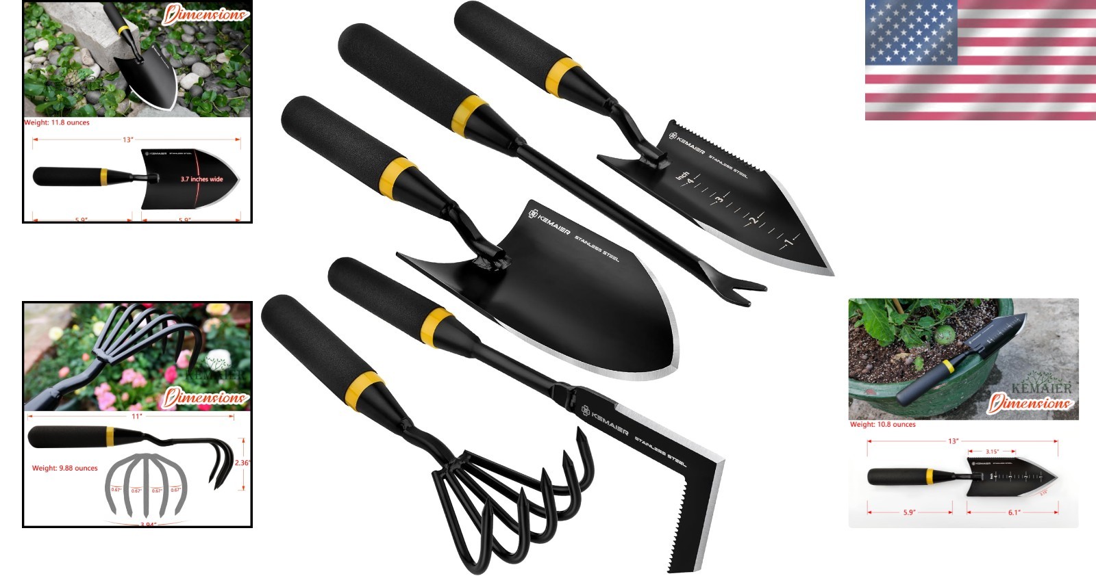 Pro Garden Tool Set: 5pc Unbreakable Stainless Steel Cultivator, Trowel, Weeder
