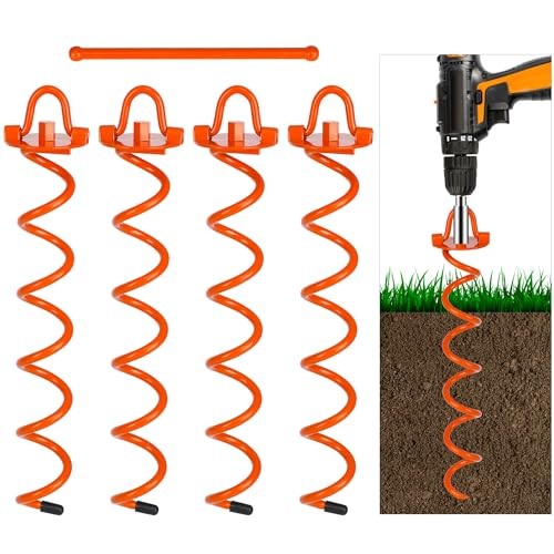 FEED GARDEN 16 Inch Spiral Ground Anchors Heavy Duty Screw Stakes 4 Pack Orange