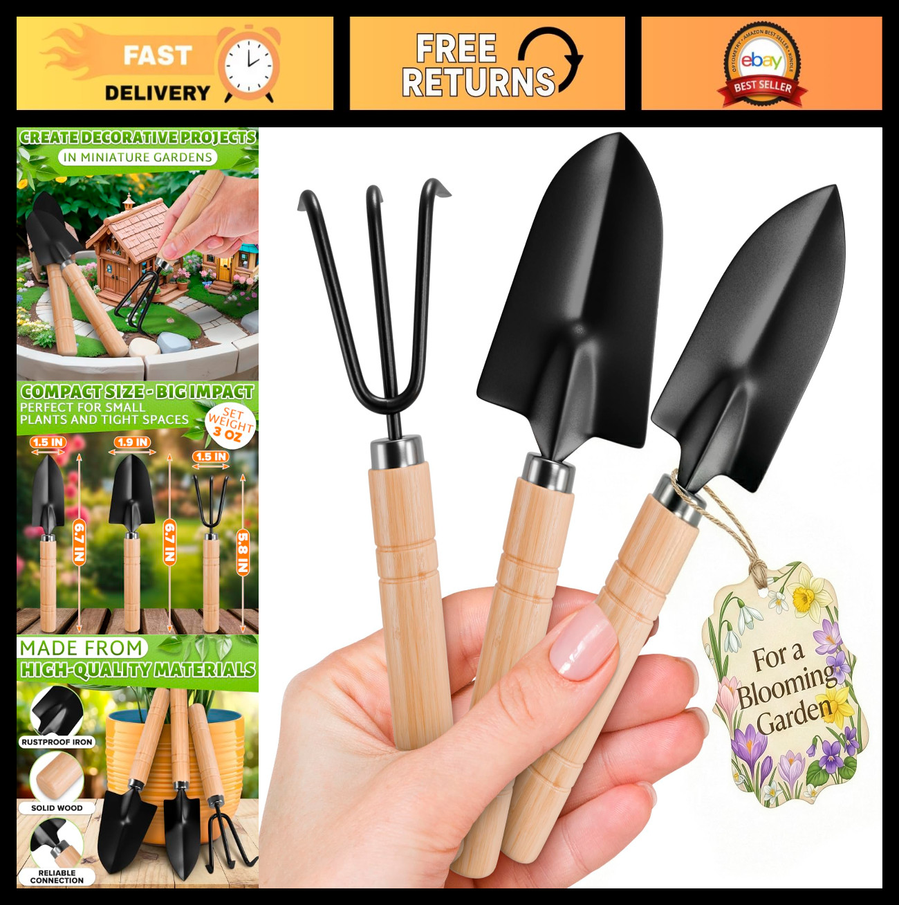 Mini Gardening Tools Set – 3 Pcs with 2 Shovels & Hand Rake, Rustproof Metal, Er