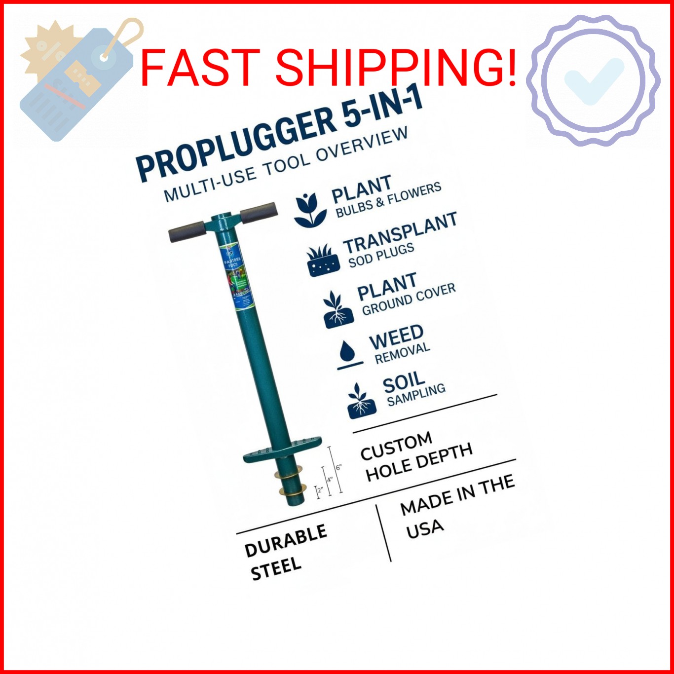ProPlugger 5-IN-1 Lawn Tool and Garden Tool, Bulb Planter, Weeder, Sod Plugger,