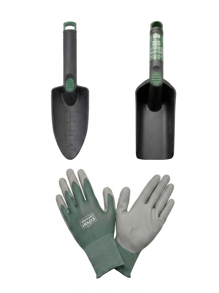 Expert Gardener Gloves Size S + Soil Scoop + Poly Trowel Garden Set
