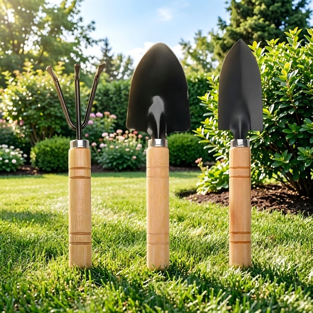 Mini Gardening Tool Set – 3PCS Hand Shovel, Rake, Spade with Wooden Black