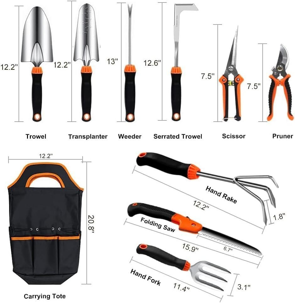 Garden Tool Set 10 PCS Stainless Steel Heavy Duty Gardening Tool Set Ergonomic