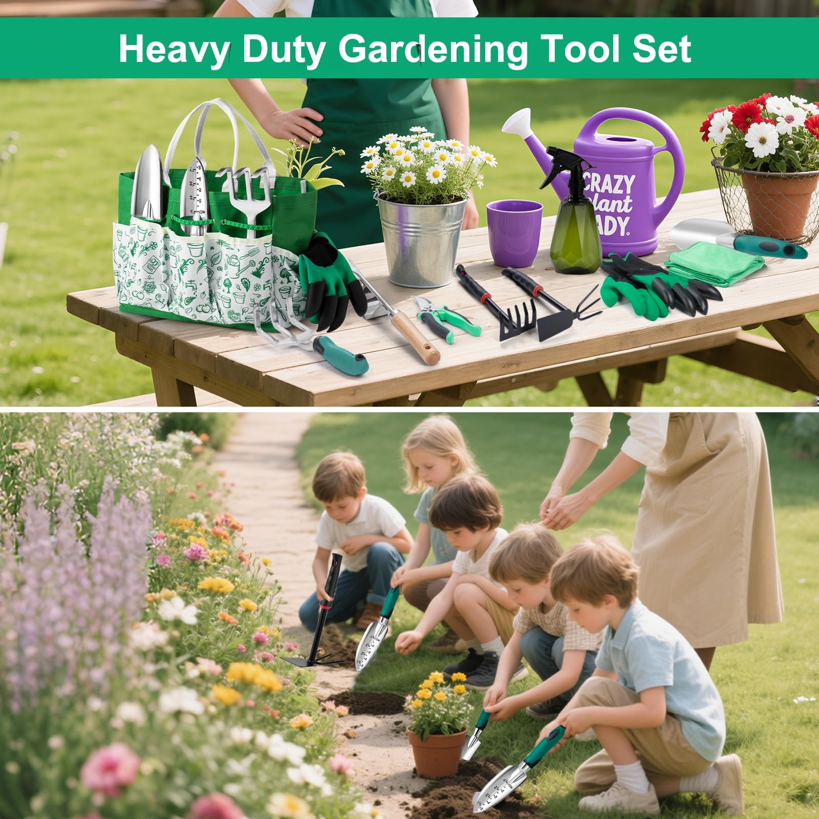 12 PCS Green Garden Tool Set, Heavy Duty, Fashion Handbag, Cute, Gift, Women