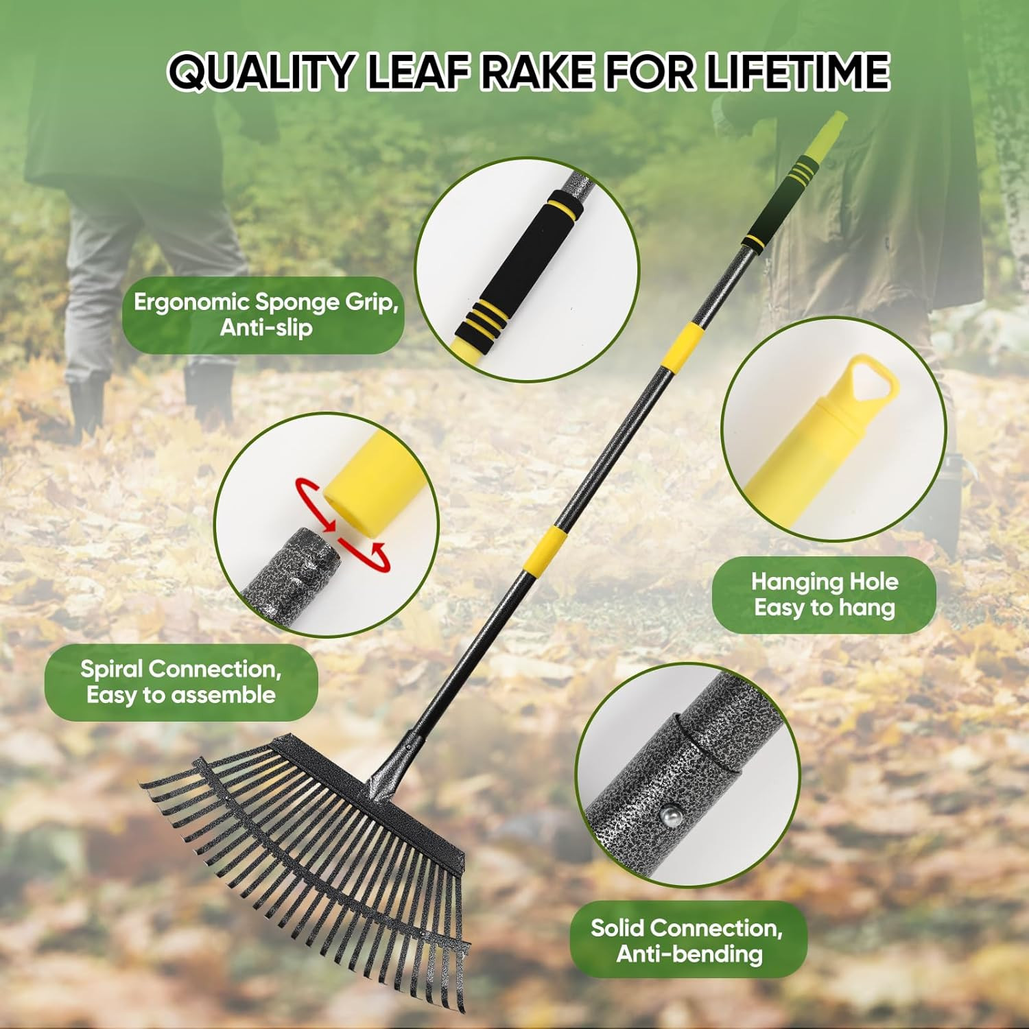 Strong Rack for Yard Lawn Shrub tree Leaves 25 Metal Tine 18″ W*72″ L handle