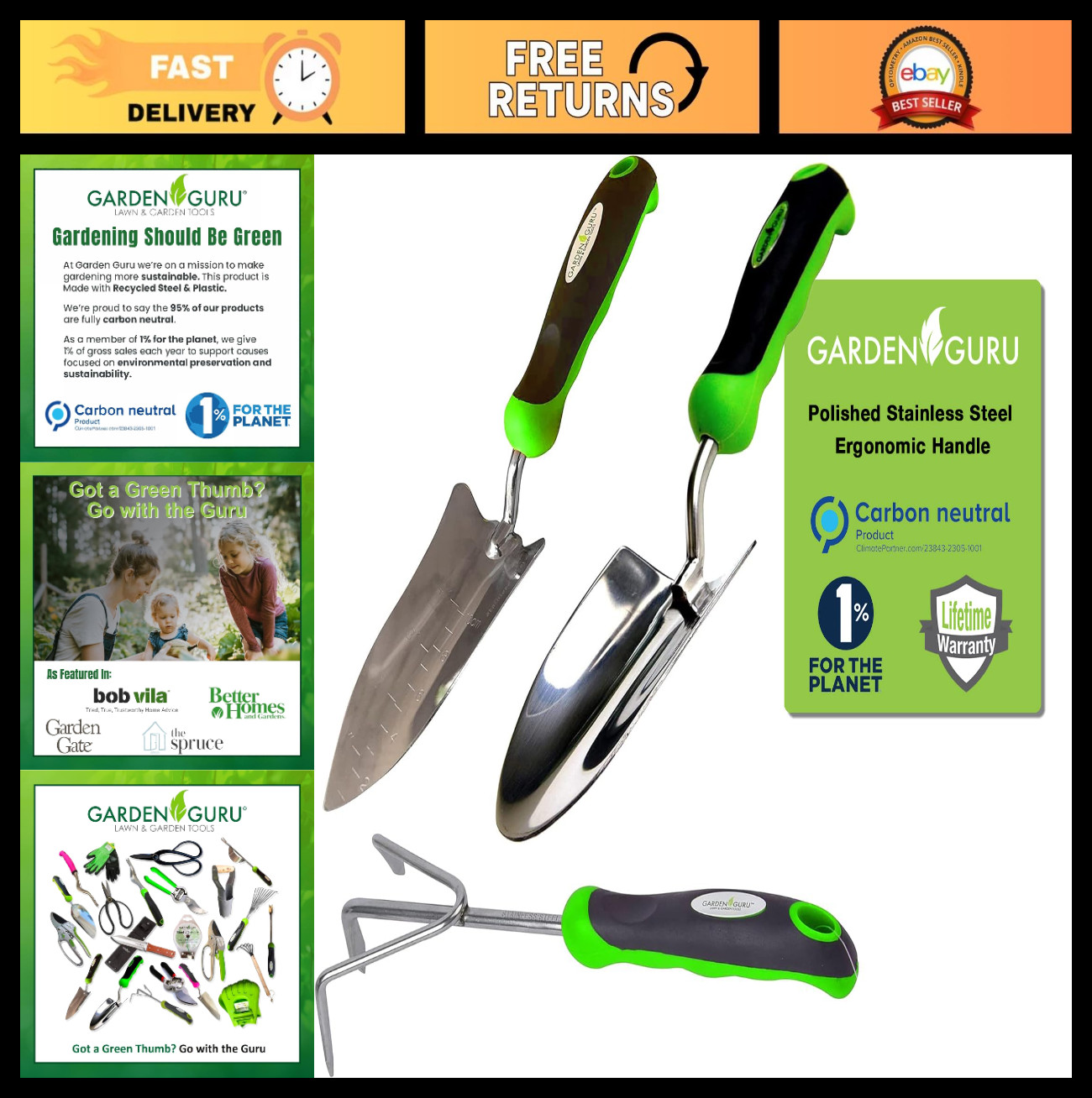 3pc Garden Tool Set – Hand Trowel, Transplanter, Cultivator – Heavy Duty, Rust R