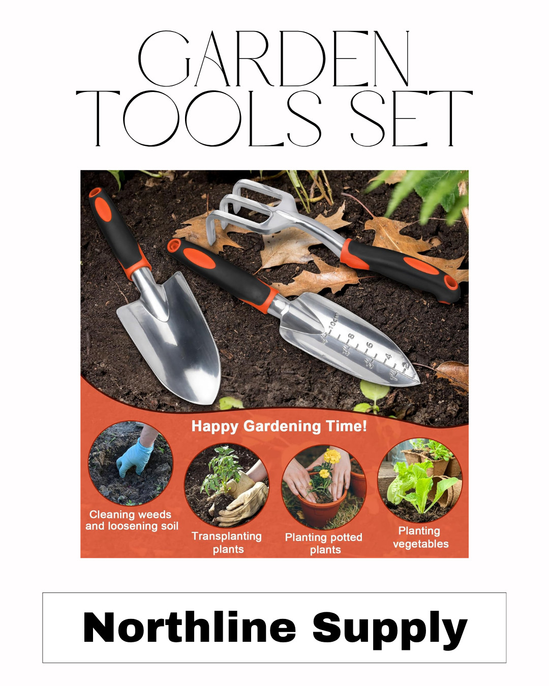 Garden Tools Set, 3 Pack Heavy Duty. Trowel, Shovel, and Hand Rake included.