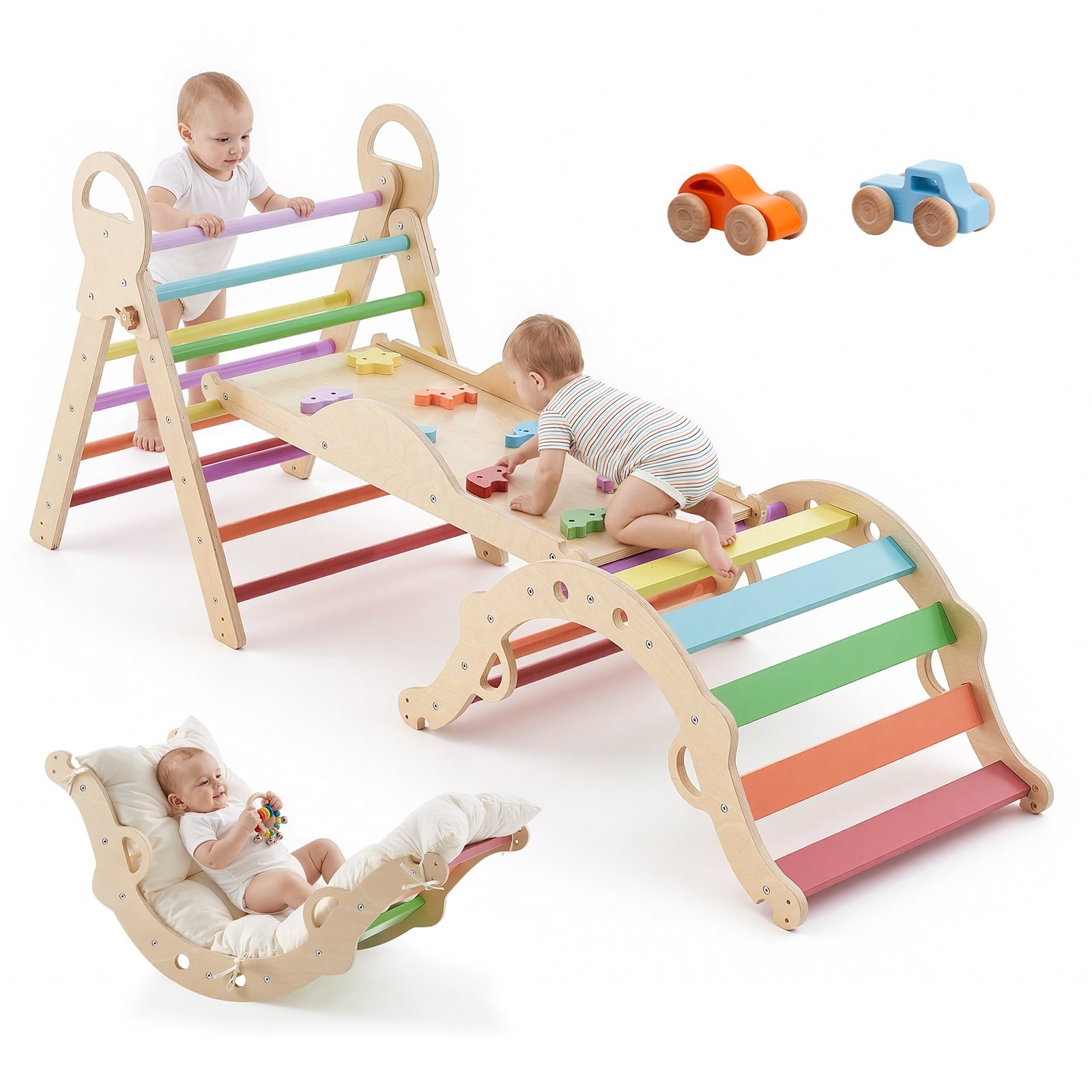 Pikler Triangle Set,9-in-1 Toddler Climbing Toys Indoor,with 2 Wooden Cars,Cushi