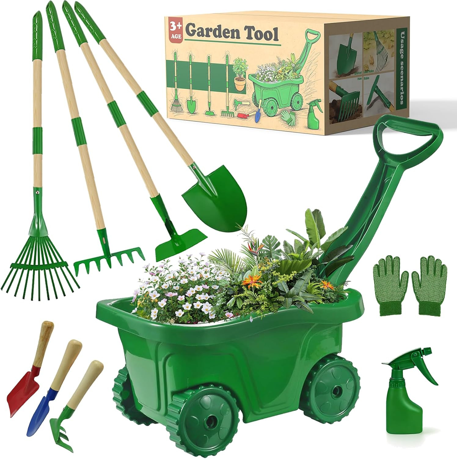 10Pcs Kids Gardening Tools Set – Wheelbarrow Toys with Shovel, Rake, Hoe and Lea