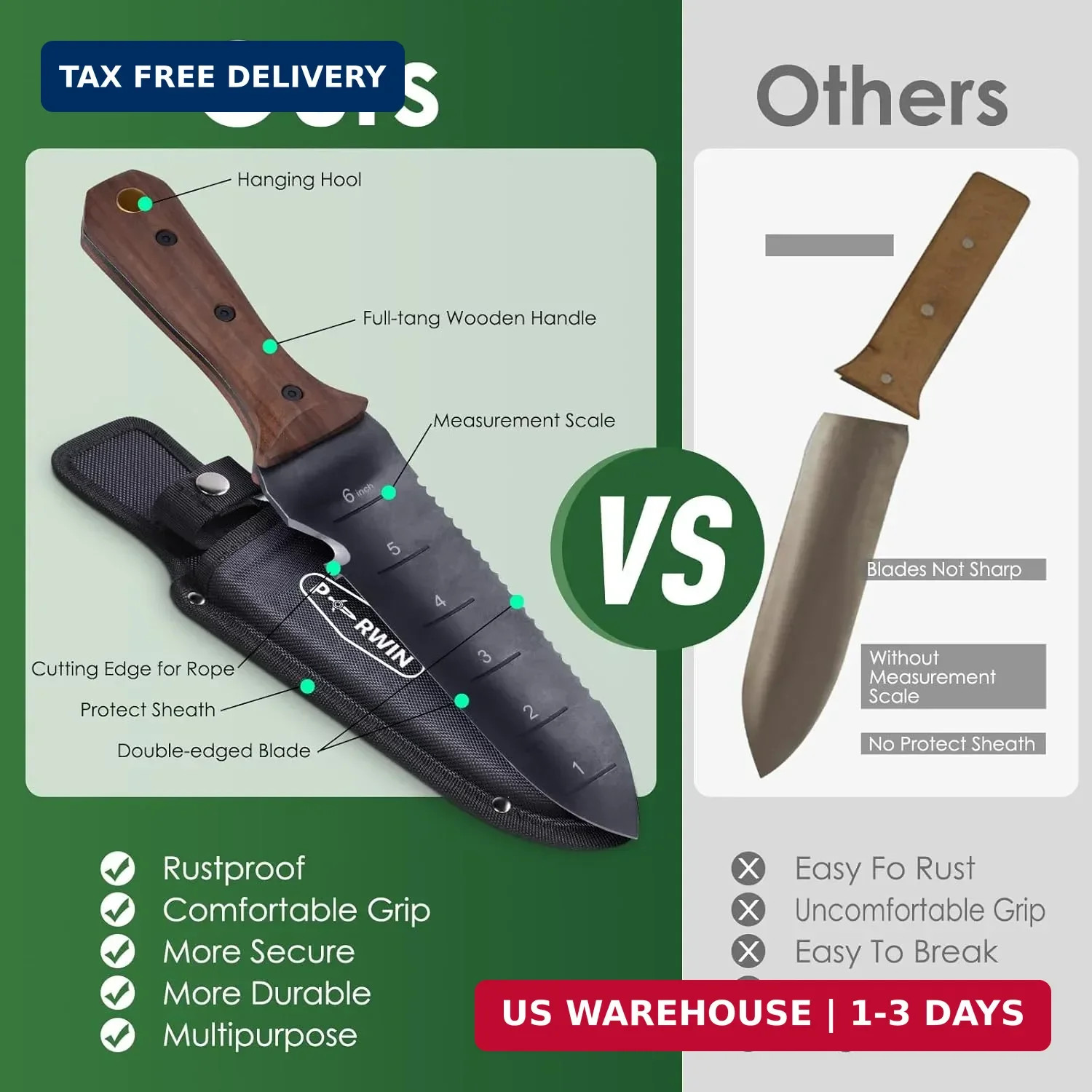 PERWIN Hori Hori Garden Knife, Garden Tools with Sheath for Weeding, Planting, D