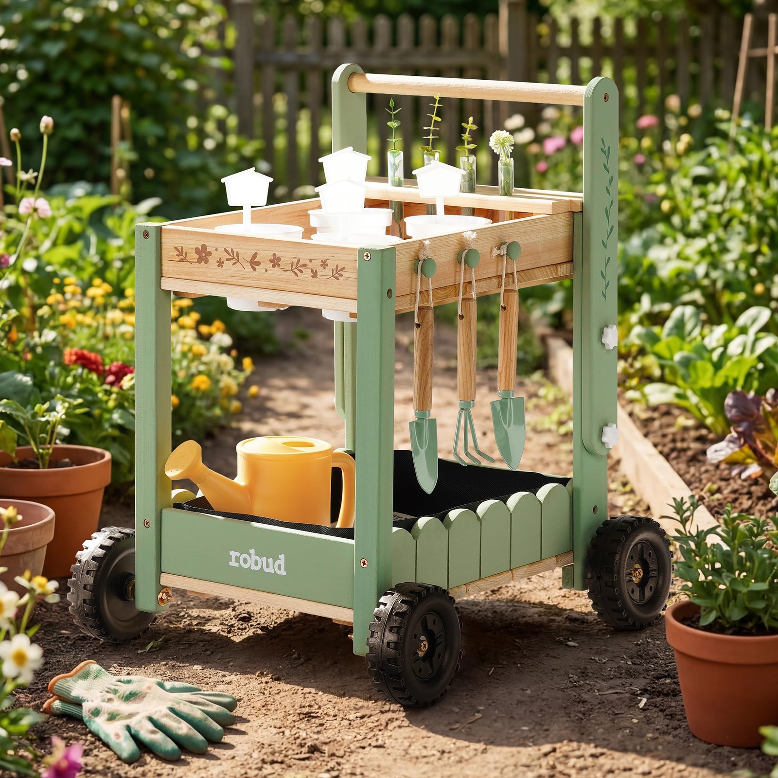 Kids Gardening Tools Set with 2-Tier Wooden Cart Wheelbarrow, Toddler Gardeni…