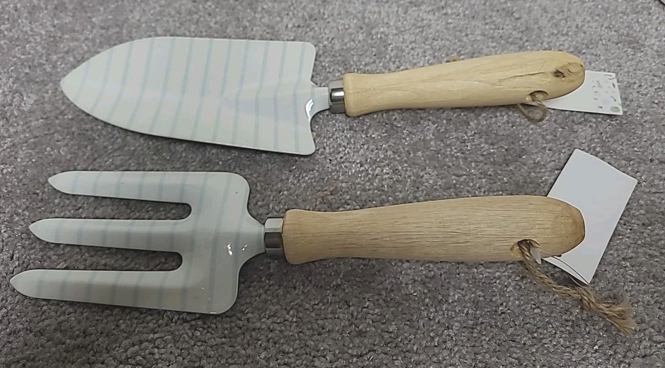 Garden Tool Set (2 pc) Metal Hand Trowel and Fork w/ Wood Handles and Hangers