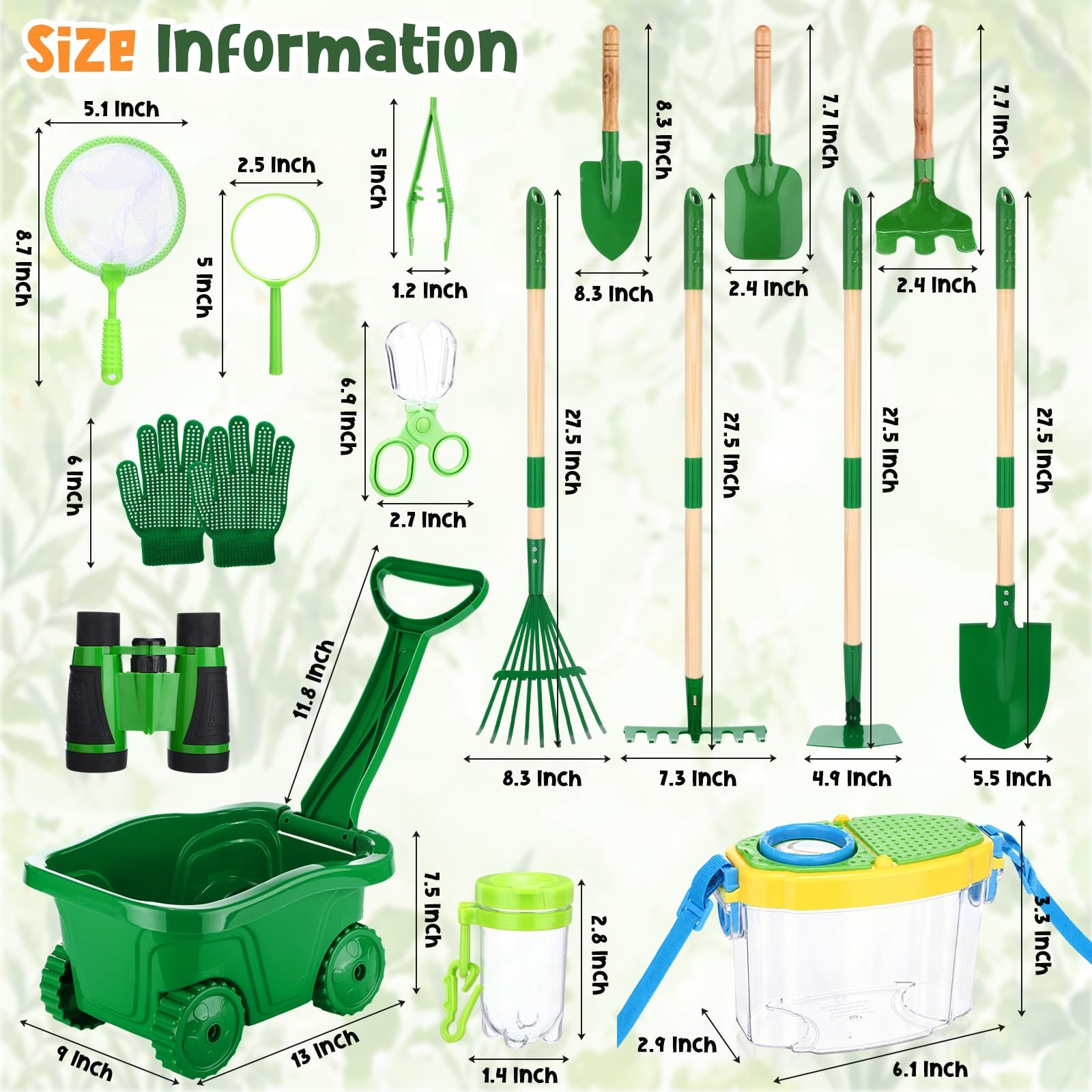 16 Pcs Kids Gardening Tools Bug Catcher Kit Set, Green Wheelbarrow with Bug H…