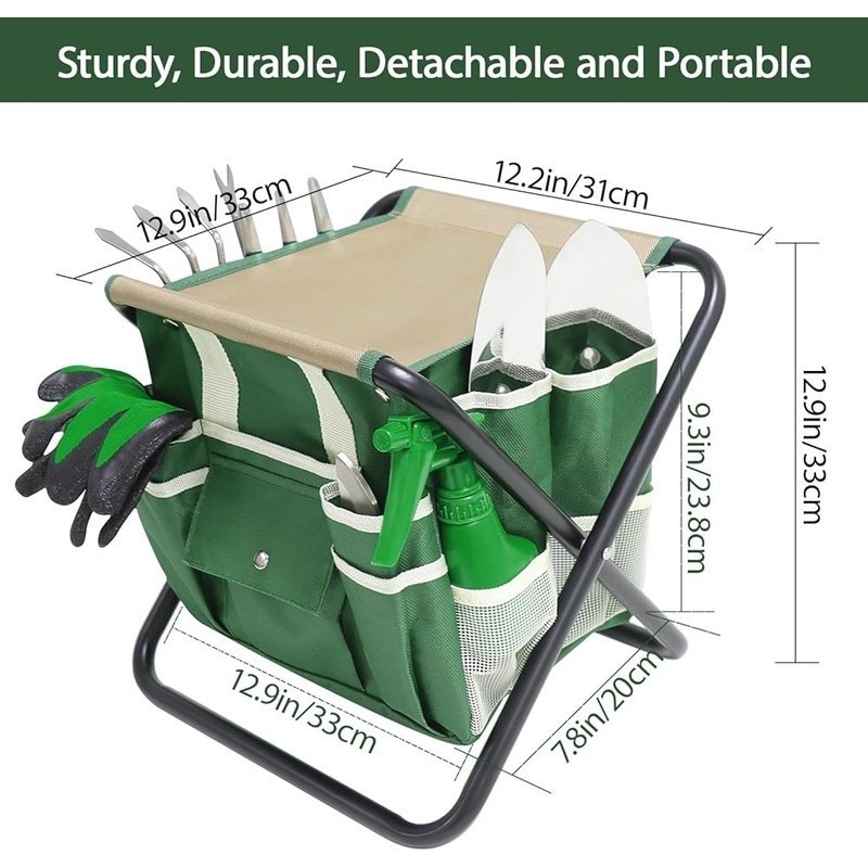 10 Piece Garden Tool Set Stainless Steel W/ Folding Stool & Storage Tote Green