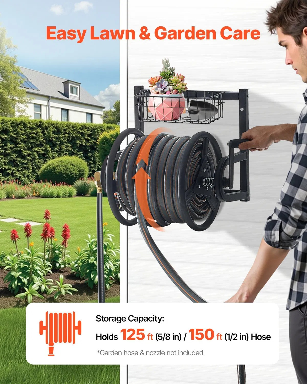 Wall Mounted Garden Hose Reel, Holds 125 ft 5/8-inch Hose, Heavy-Duty Water Hos