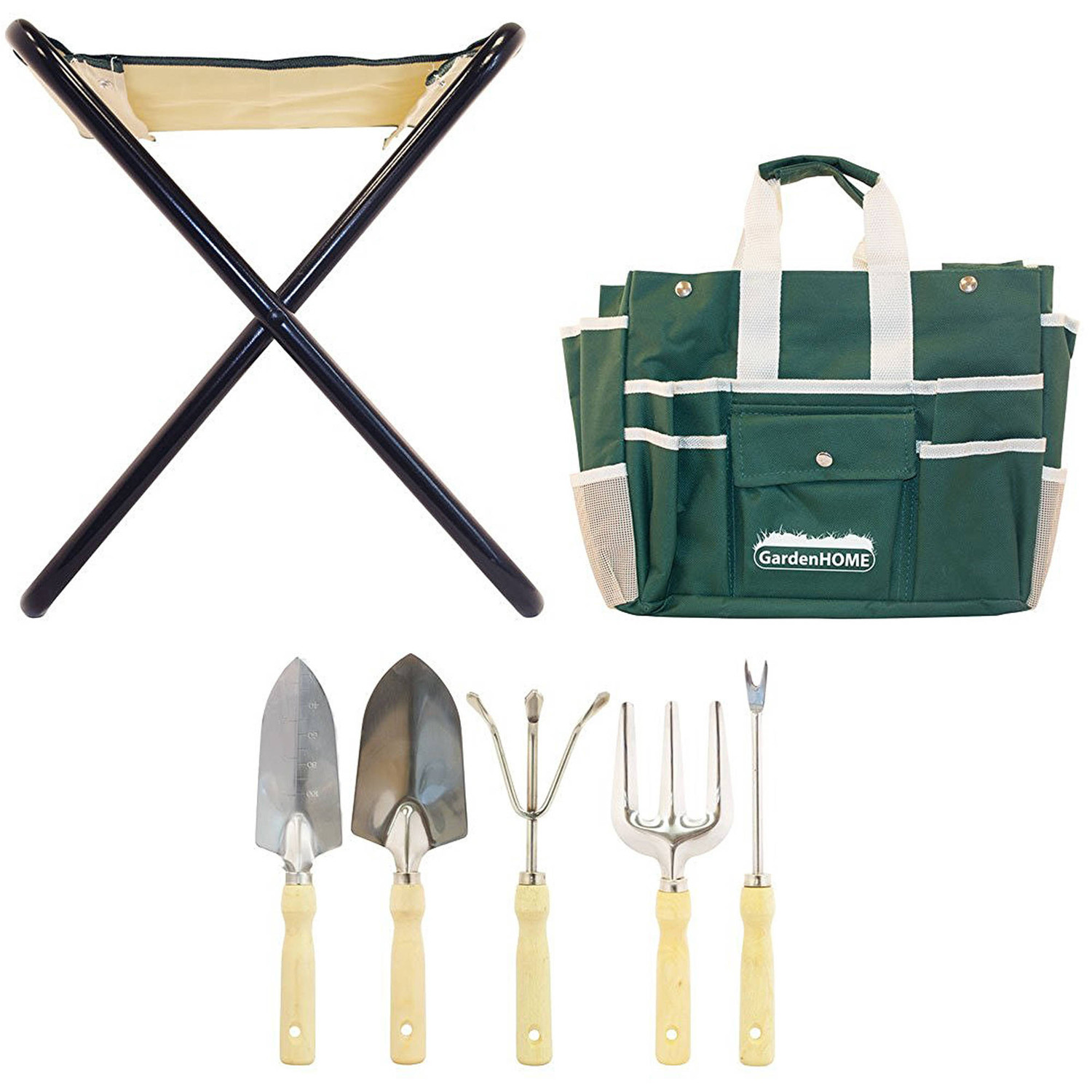 7-Piece Gardening Tool Kit with Garden Tools Bag and a Foldable Stool for Man a