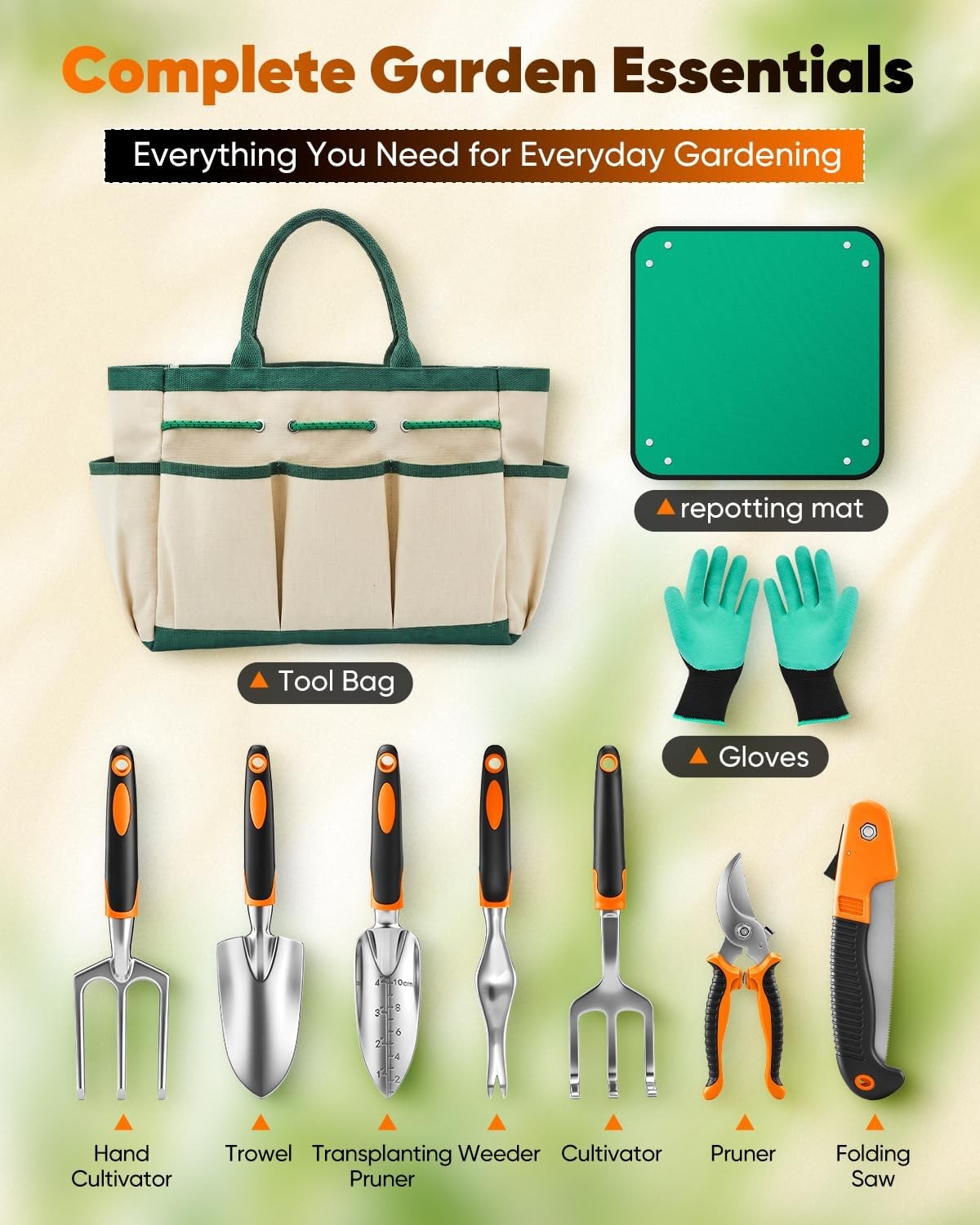 Garden Tool Set Heavy Duty Aluminum Non-Slip Handle Gloves Bag