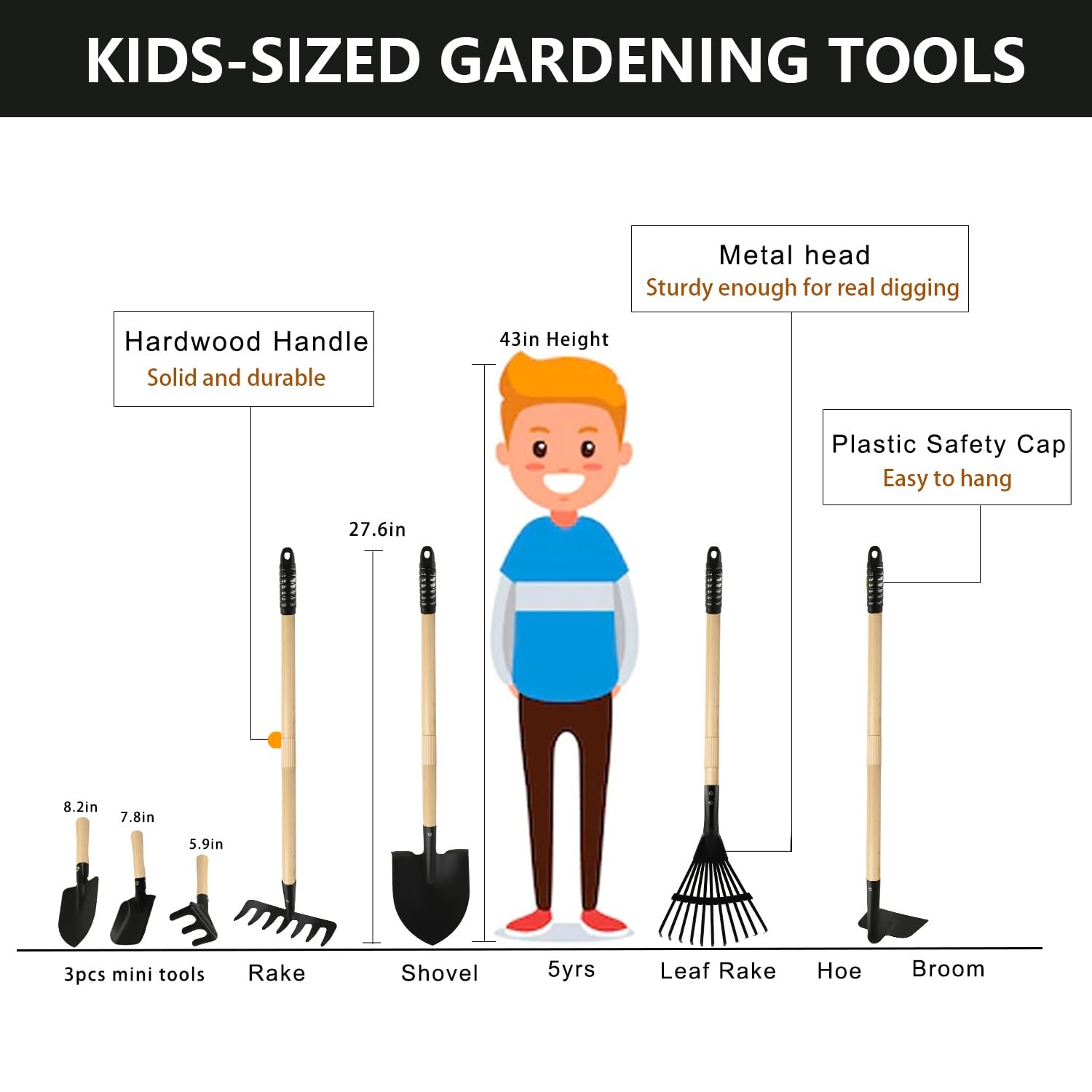 Kids Rake and Shovel Sets, 7PCS Child Metal Gardening Tools for Real Digging-Gre