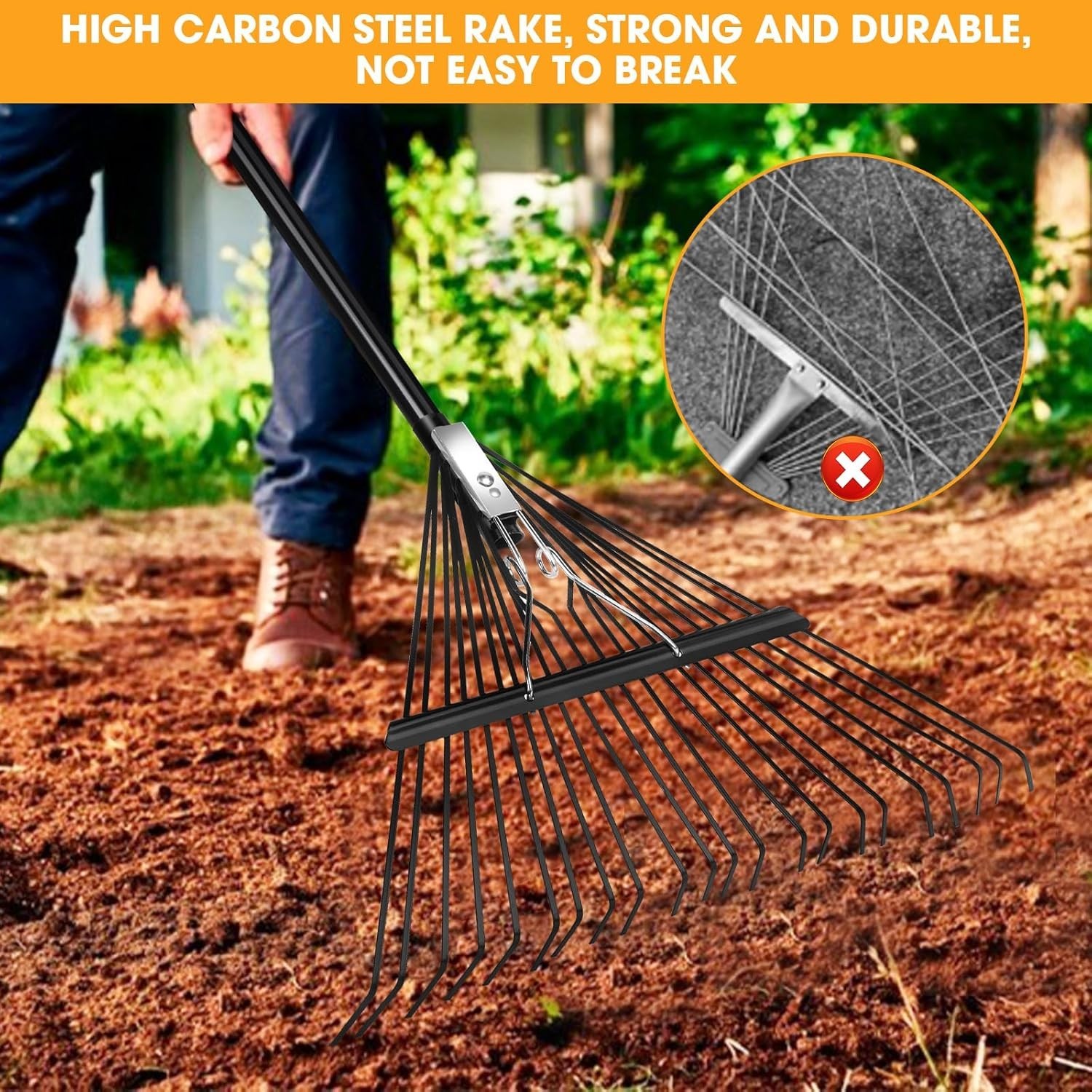 Professional 22 Tines Leaf Rake – Durable 46 HRC Steel, Adjustable 33-67″ Handle
