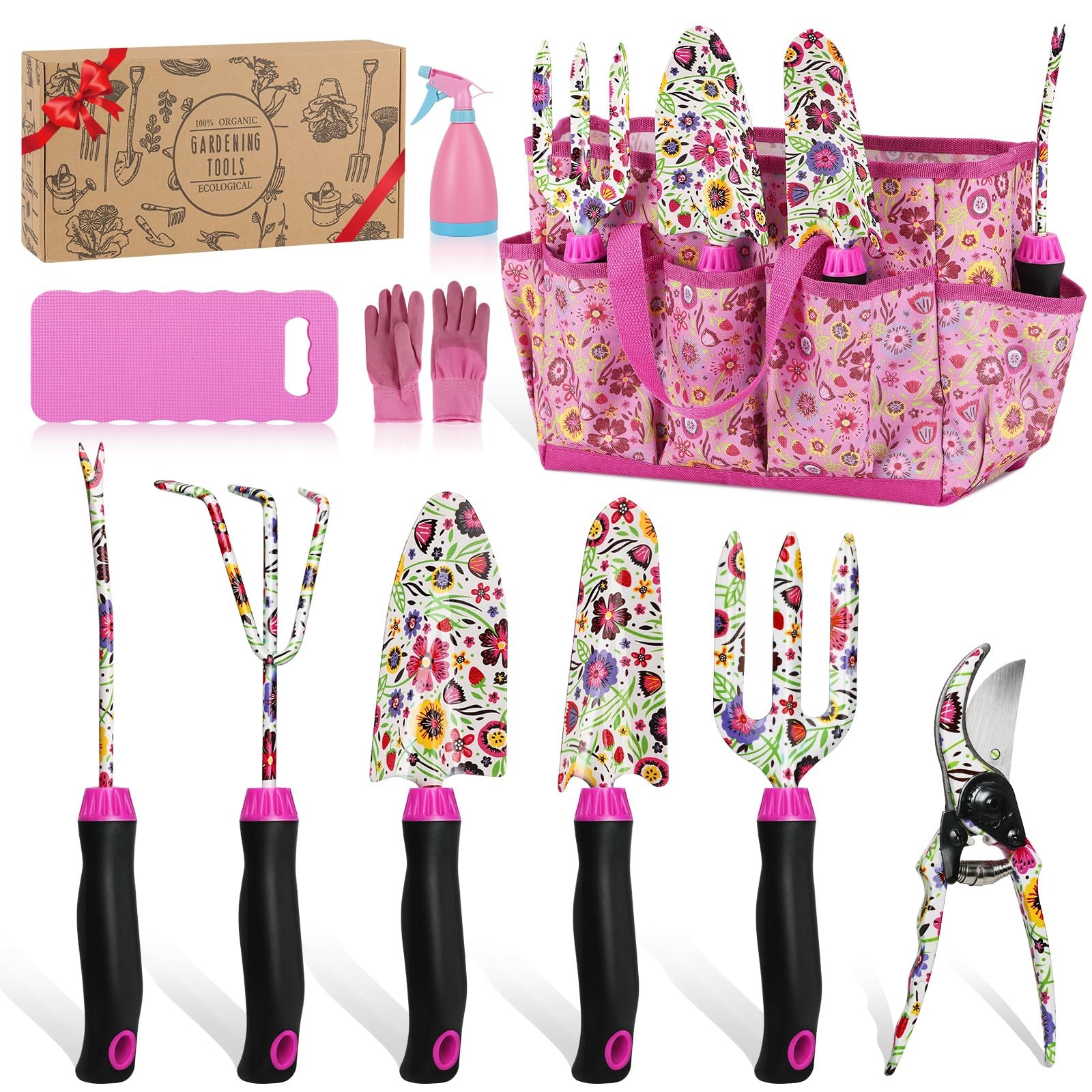 10~Piece Stainless Steel Garden Tool Set with Bag, Pink