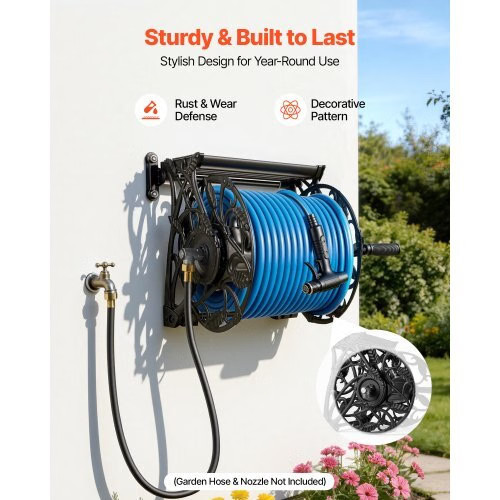 Wall Mounted Garden Hose Reel, Holds 135 Feet of 5/8-inch Hose, Outdoor Heavy-Du
