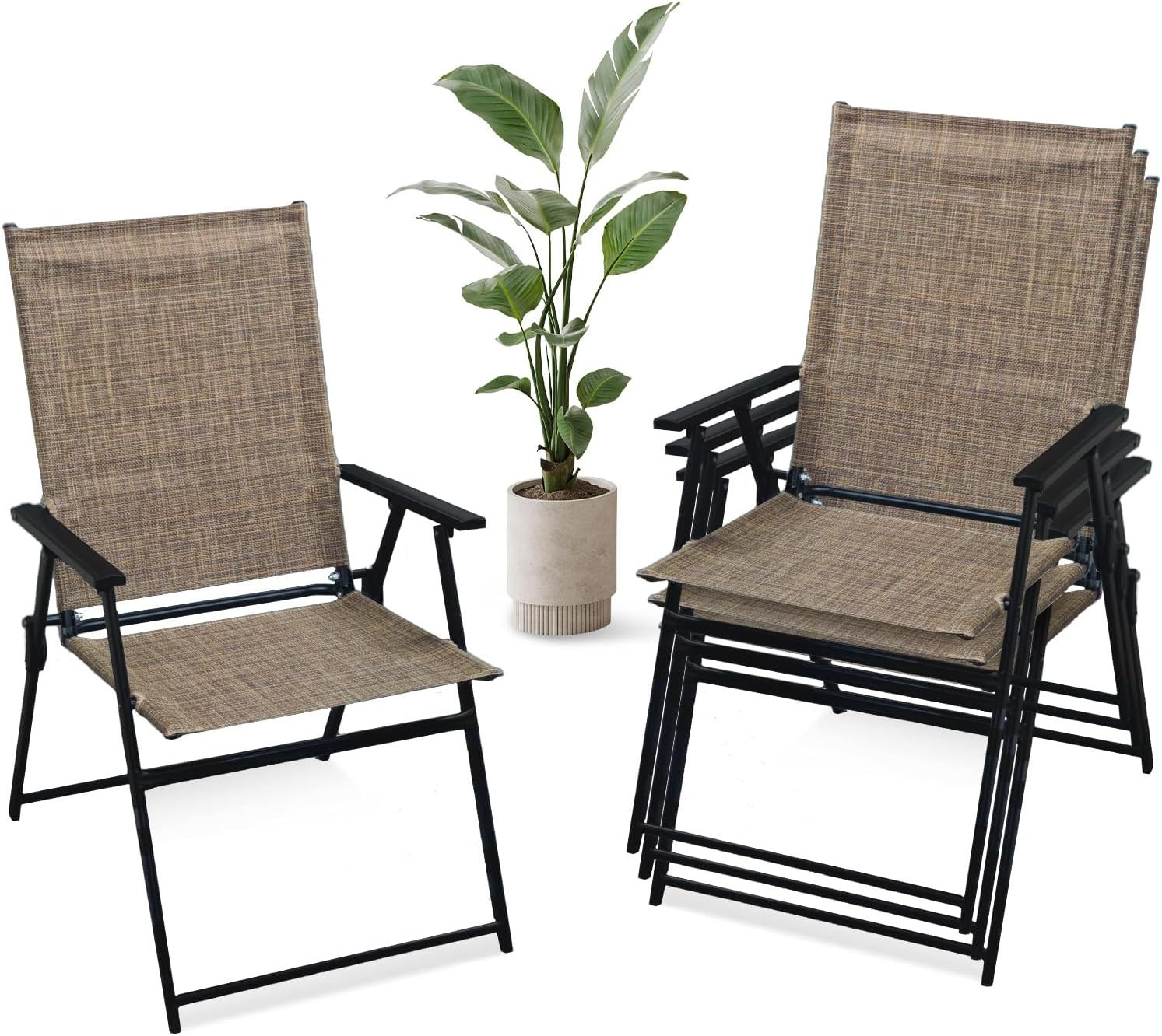 Folding Outdoor Chair Set of 4 Stackable Outdoor Dining Chair with Armrests Back