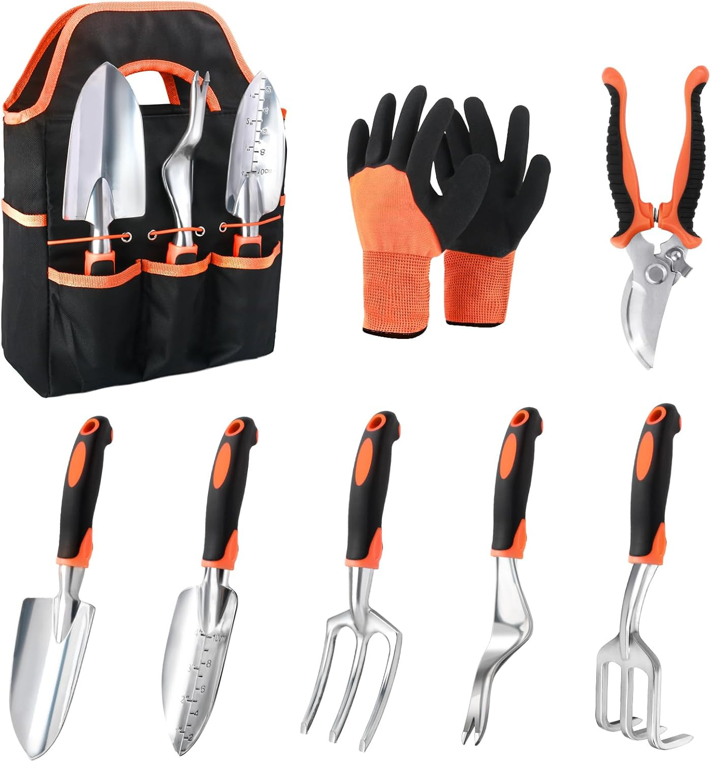 8-Piece Garden Tools Set with Storage Bag, Ergonomic Hand Tools, Orange