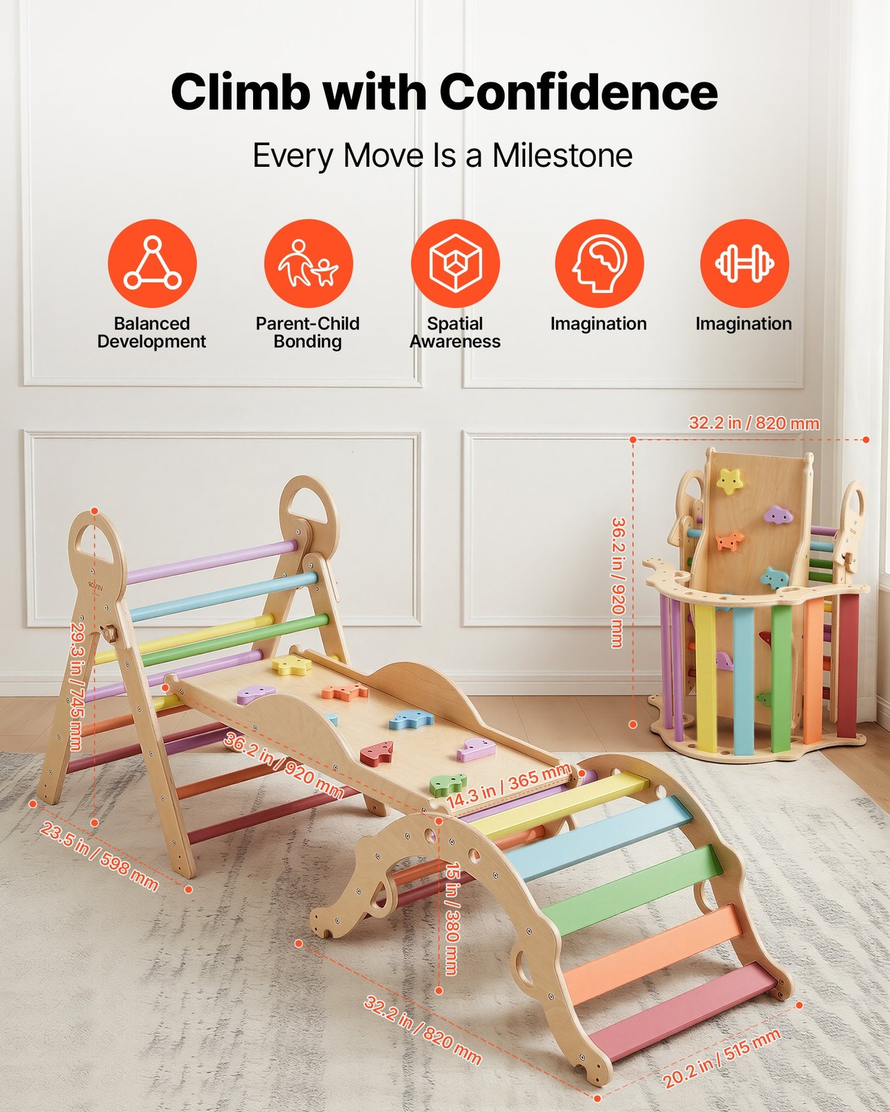 Pikler Triangle Set, 9-in-1 Toddler Climbing Toys Indoor, with Xylophone, Cushio