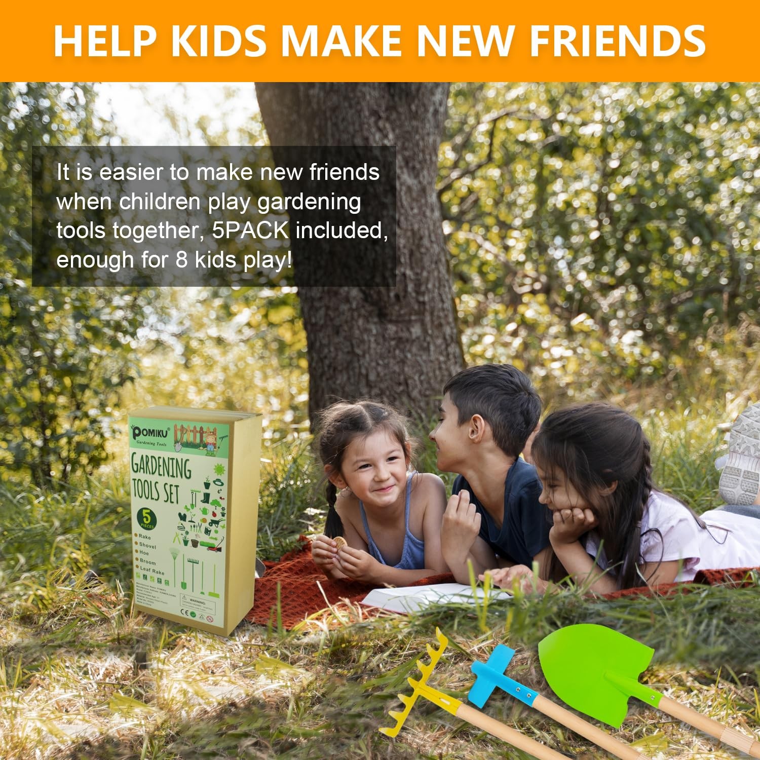 Kids Garden Tools Set – 5 Piece Shovel, Rake, Spade, Hoe, Broom for Ages 3-8