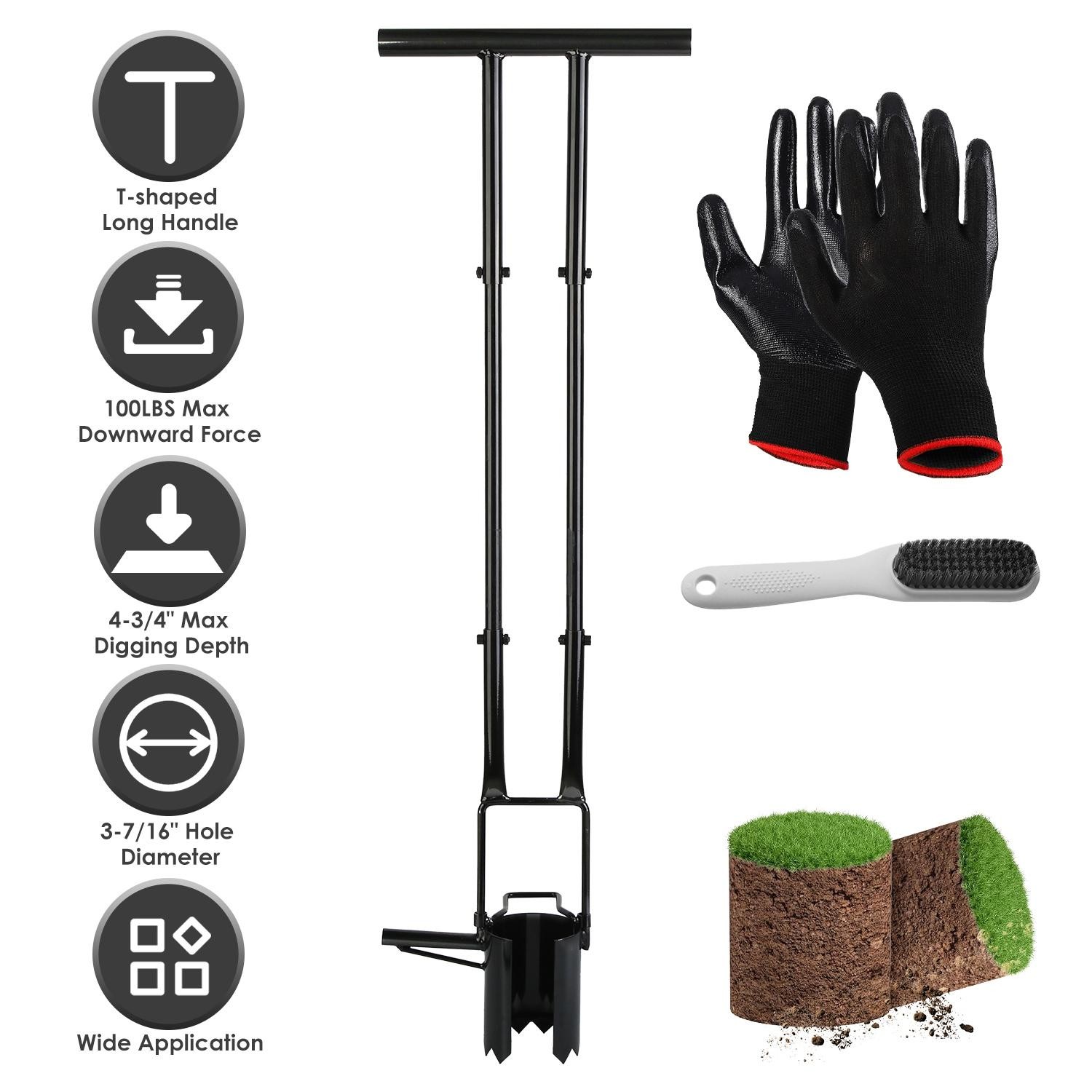 5-in-1 Bulb Planter Tool Long Handle Gardening Transplanter w/ Gloves Brush Base