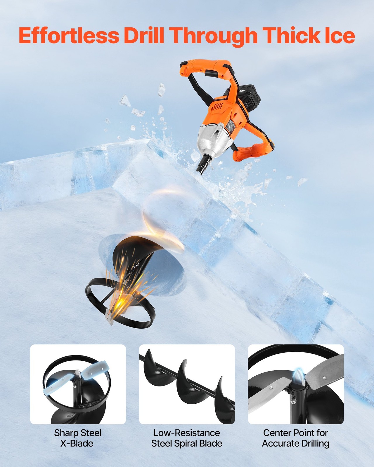 20V Electric Ice Auger, 8 inch Diameter, 2 in 1 Cordless Ice Fishing Augers and