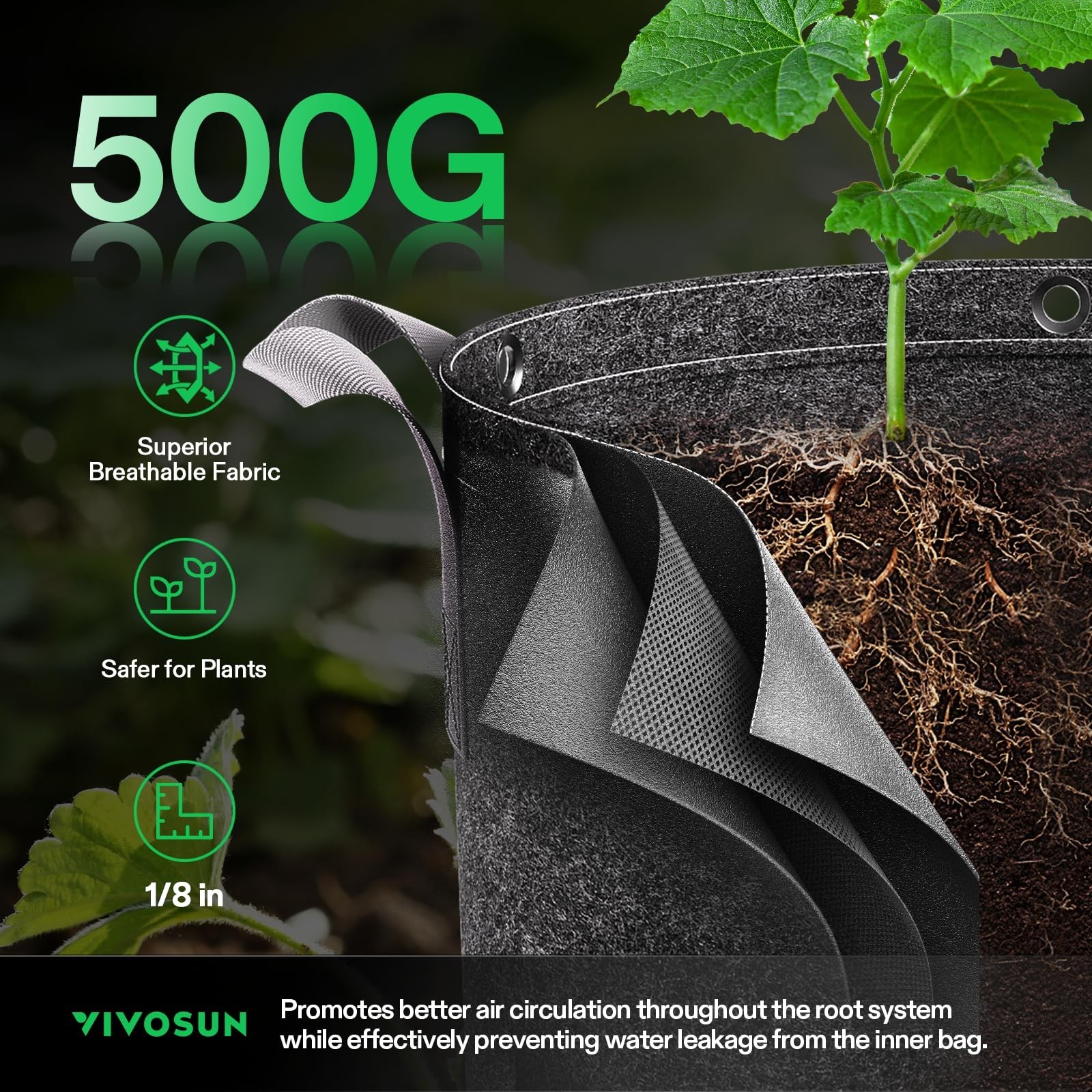 VIVOSUN 5-Pack 15 Gallon Grow Bags, 500G Thick Nonwoven Fabric Pots with Stra…