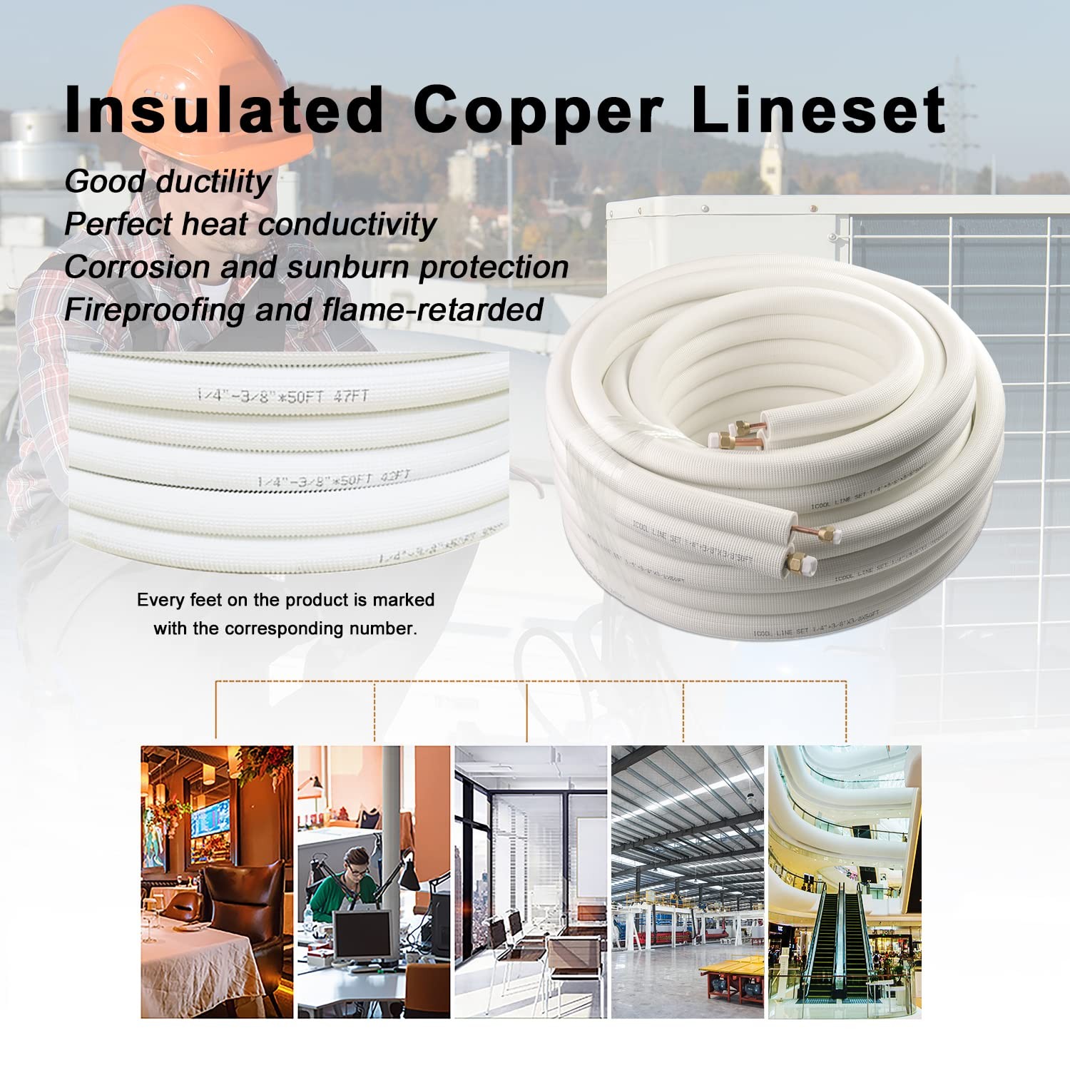 Wostore 50Ft. Mini Split Line Set Includes Two Pipes 1/4 1/2 O.D. 3/8 Thickened