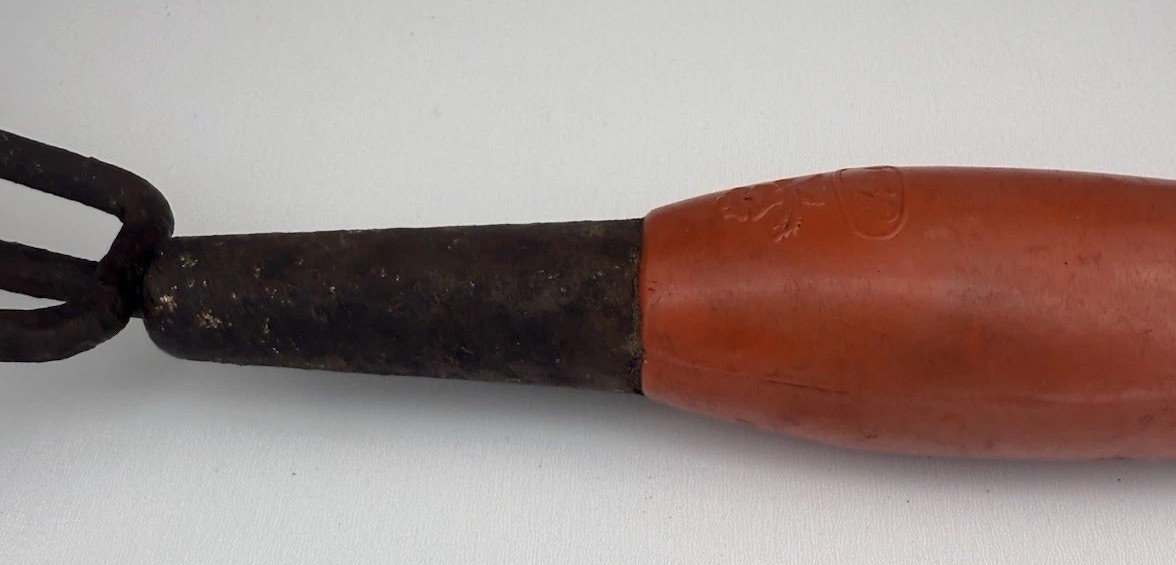 Vintage 3-Tine Garden Hand Cultivator Red Plastic Handle Rusty Steel