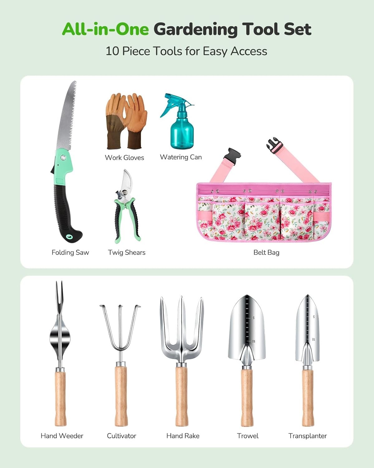 All-in-One Garden Tool Set with Tools Organizer Belt Adjustable, 10-Piece Garden