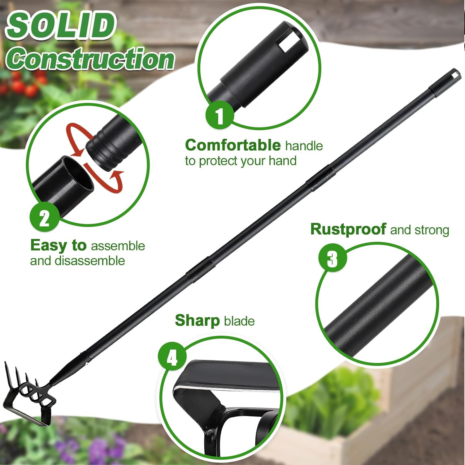 Garden Cultivator Weed Stirrup Hula Hoe Rake with 37″~62″ long Steel Handle